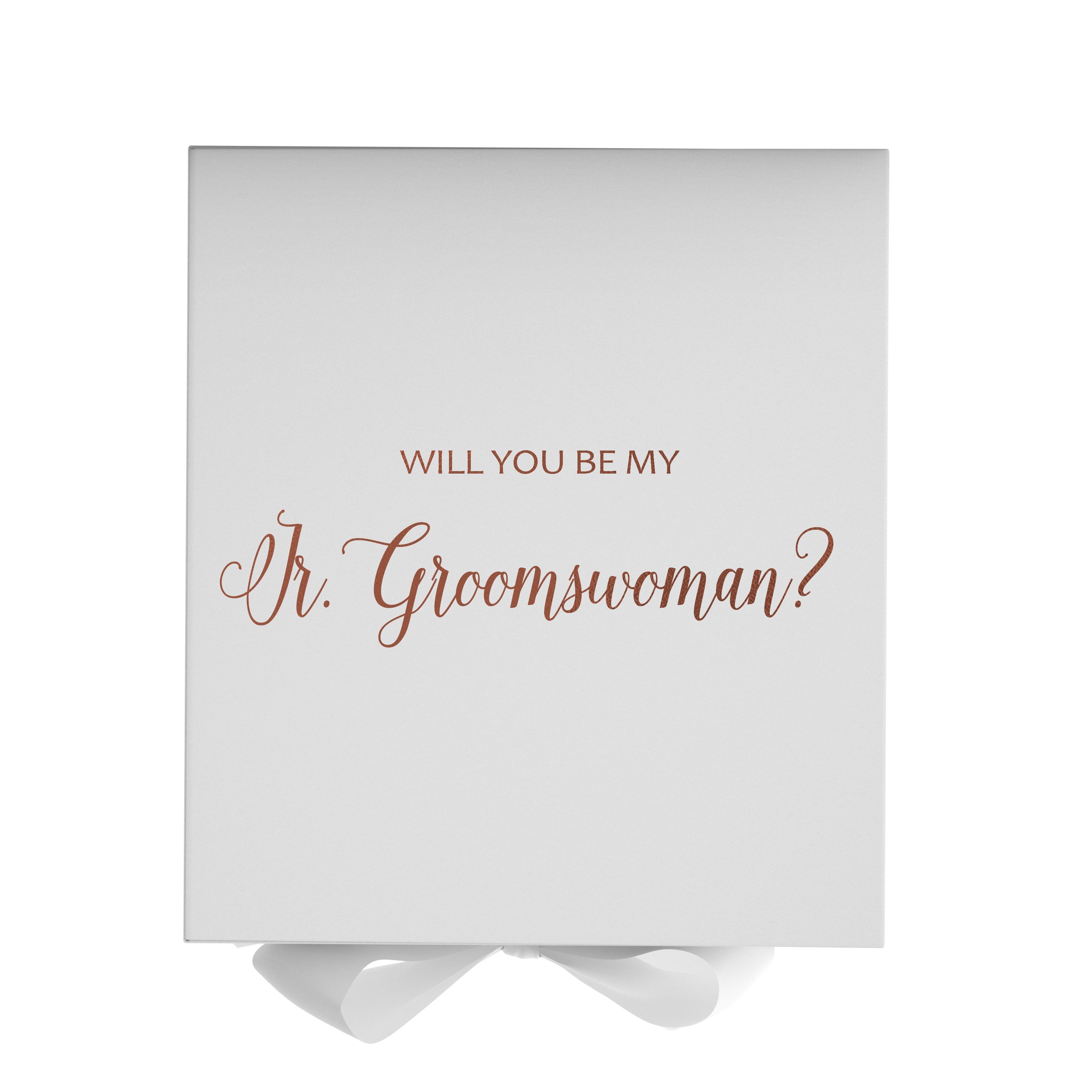Elegant white proposal box with metallic writing, featuring a white bow, designed for asking a Jr Groomswoman.