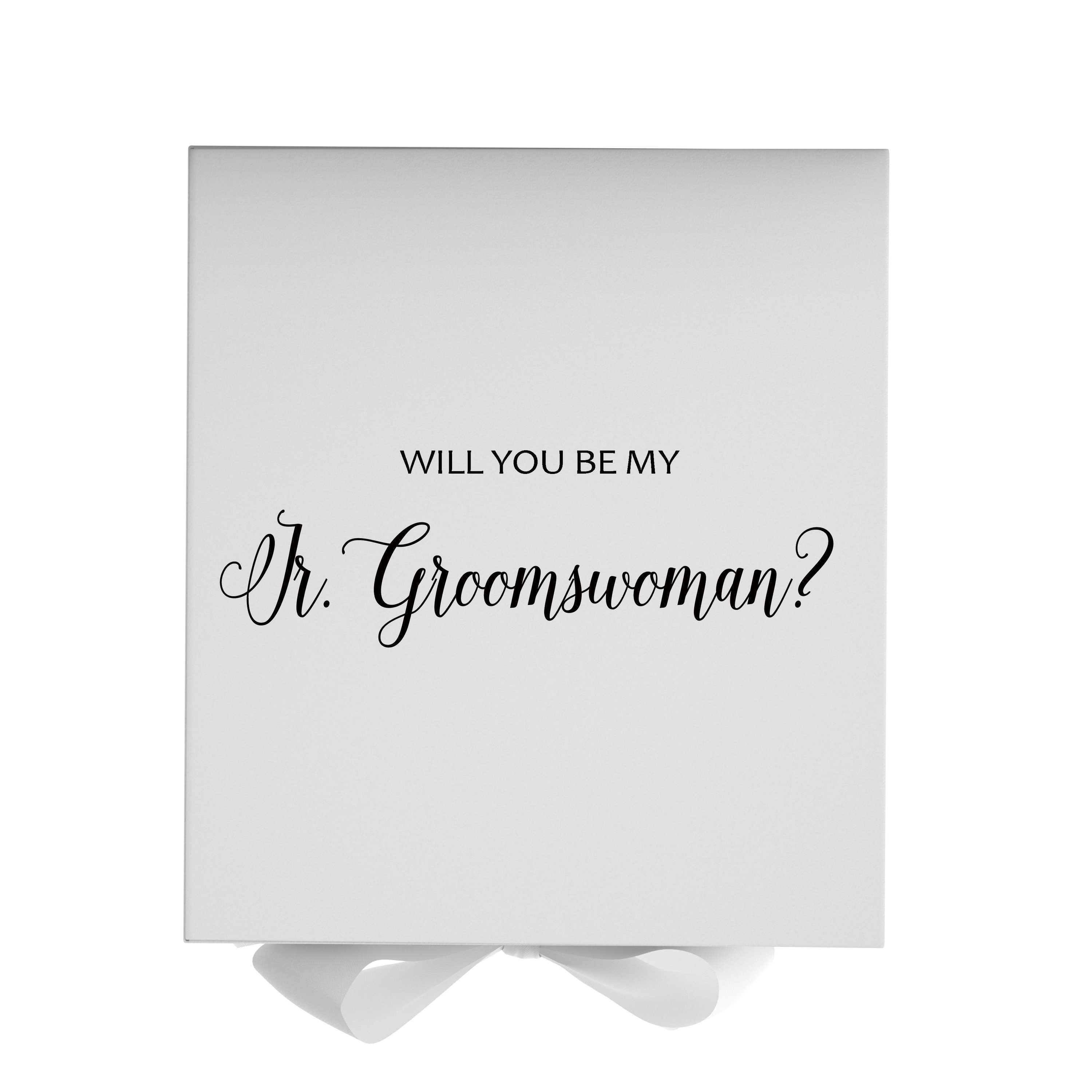Elegant white proposal box with metallic writing, featuring a white bow, designed for asking a Jr Groomswoman.