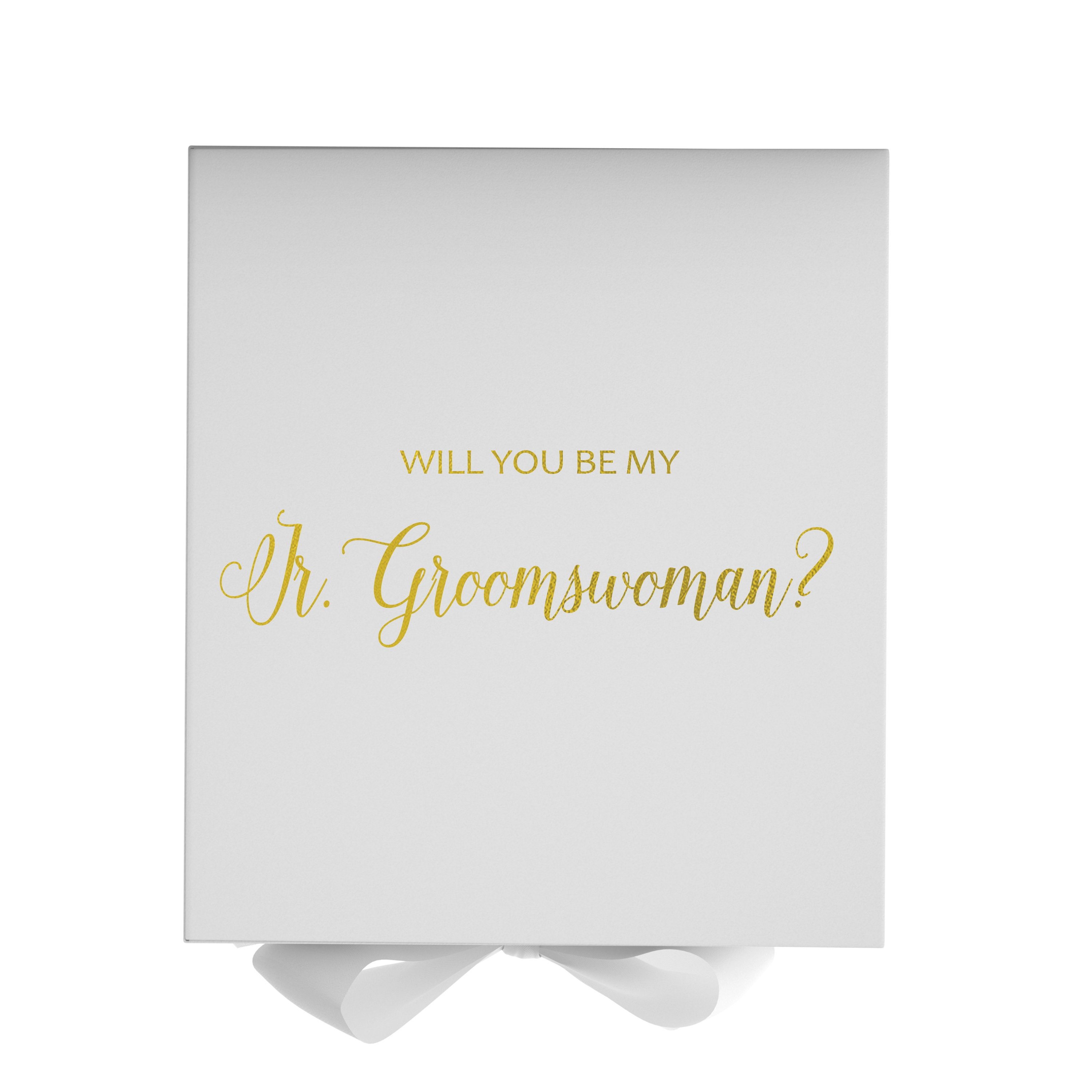 Elegant white proposal box with metallic writing, featuring a white bow, designed for asking a Jr Groomswoman.