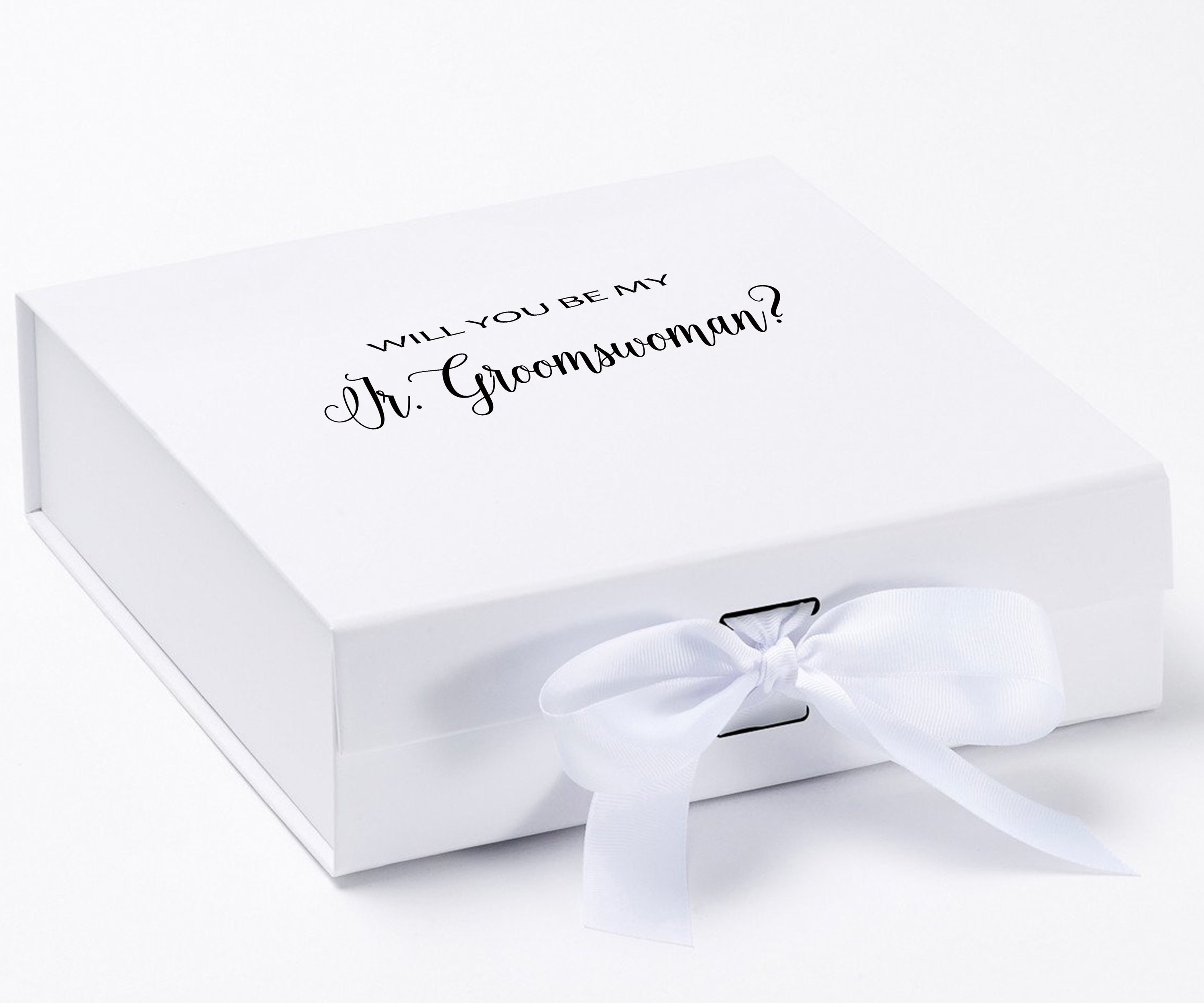 Elegant white proposal box with metallic writing, featuring a white bow, designed for asking a Jr Groomswoman.