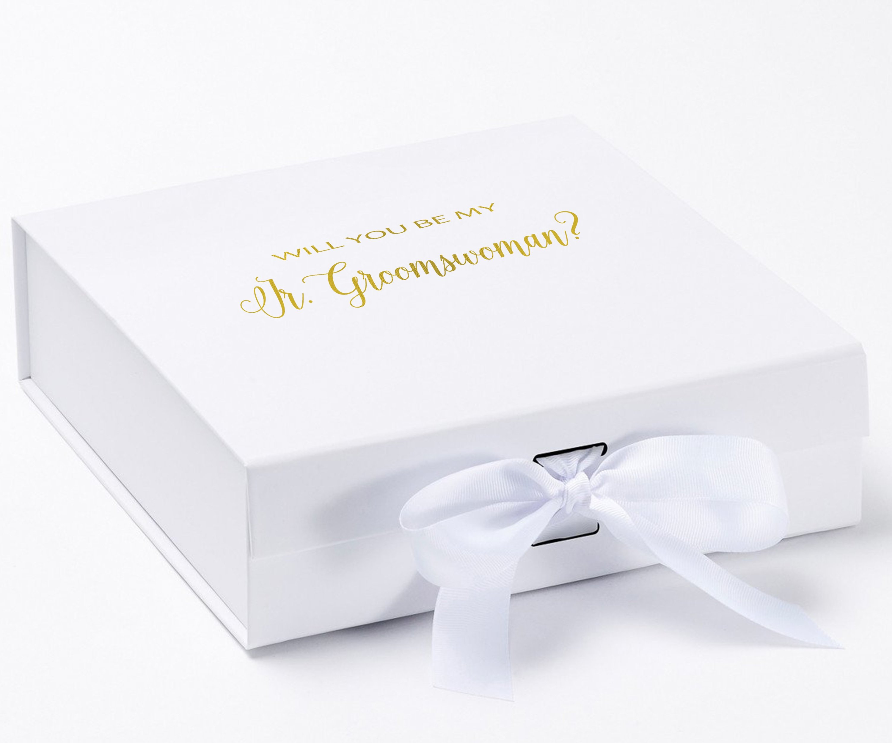 Elegant white proposal box with metallic writing, featuring a white bow, designed for asking a Jr Groomswoman.