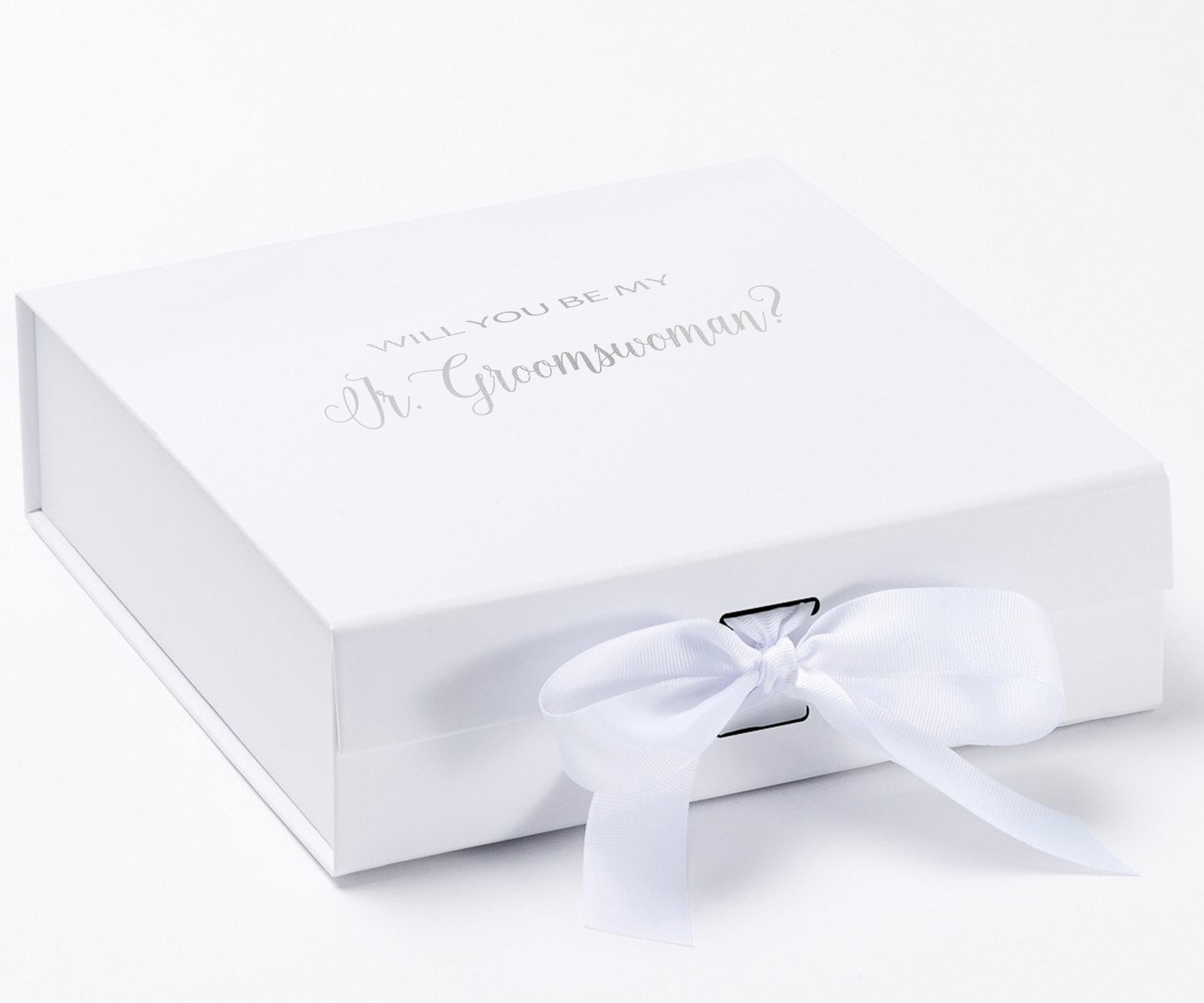 Elegant white proposal box with metallic writing, featuring a white bow, designed for asking a Jr Groomswoman.