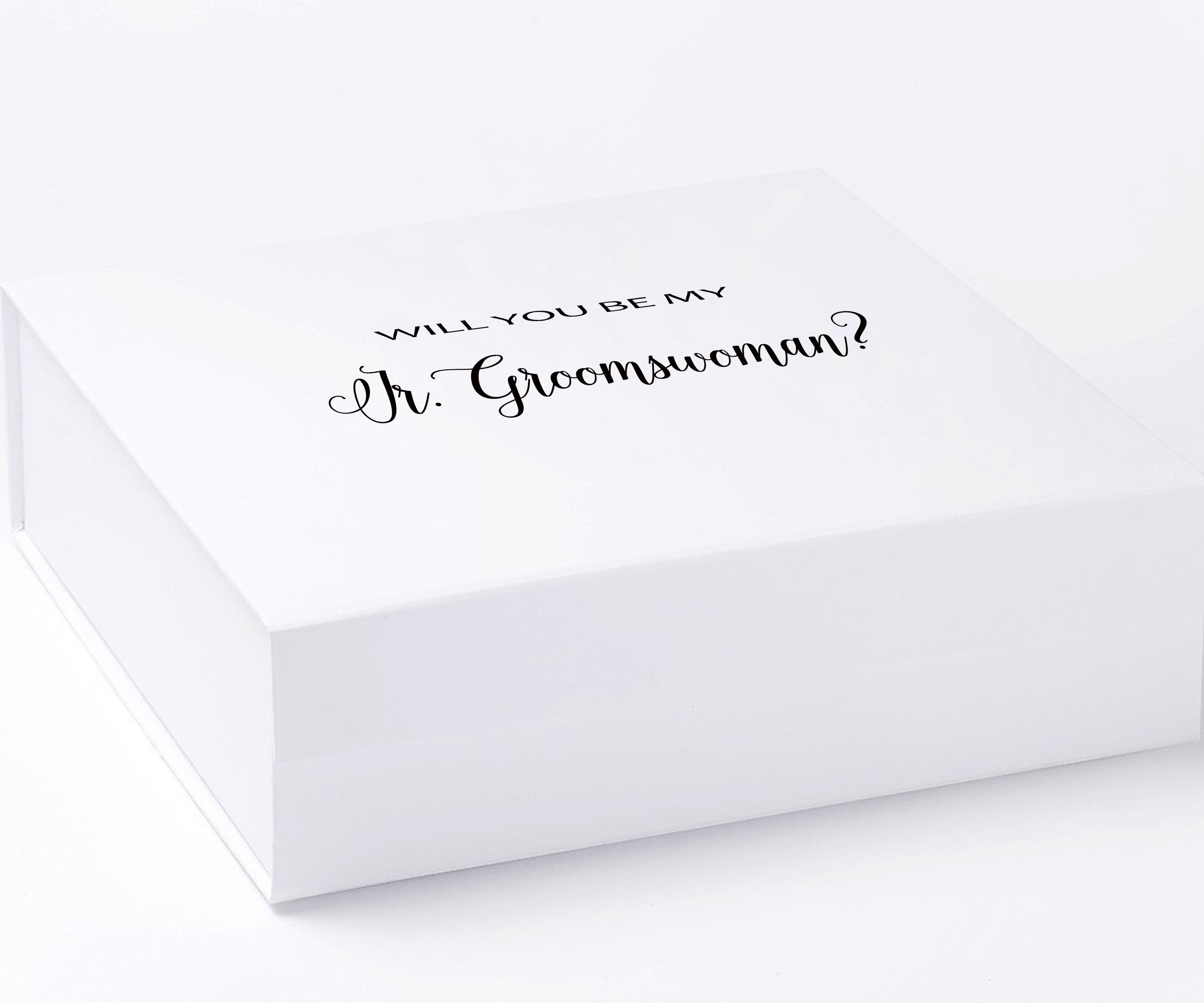 Elegant white proposal box with metallic writing, designed for Jr Groomswoman invitation.