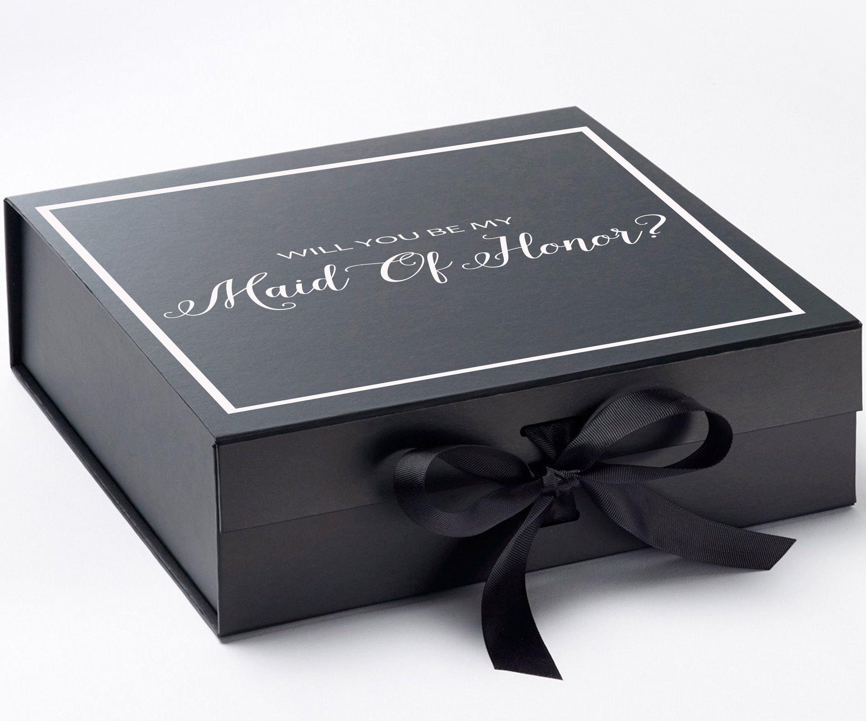 Elegant black maid of honor proposal box with metallic writing and a black bow, showcasing its luxurious design.