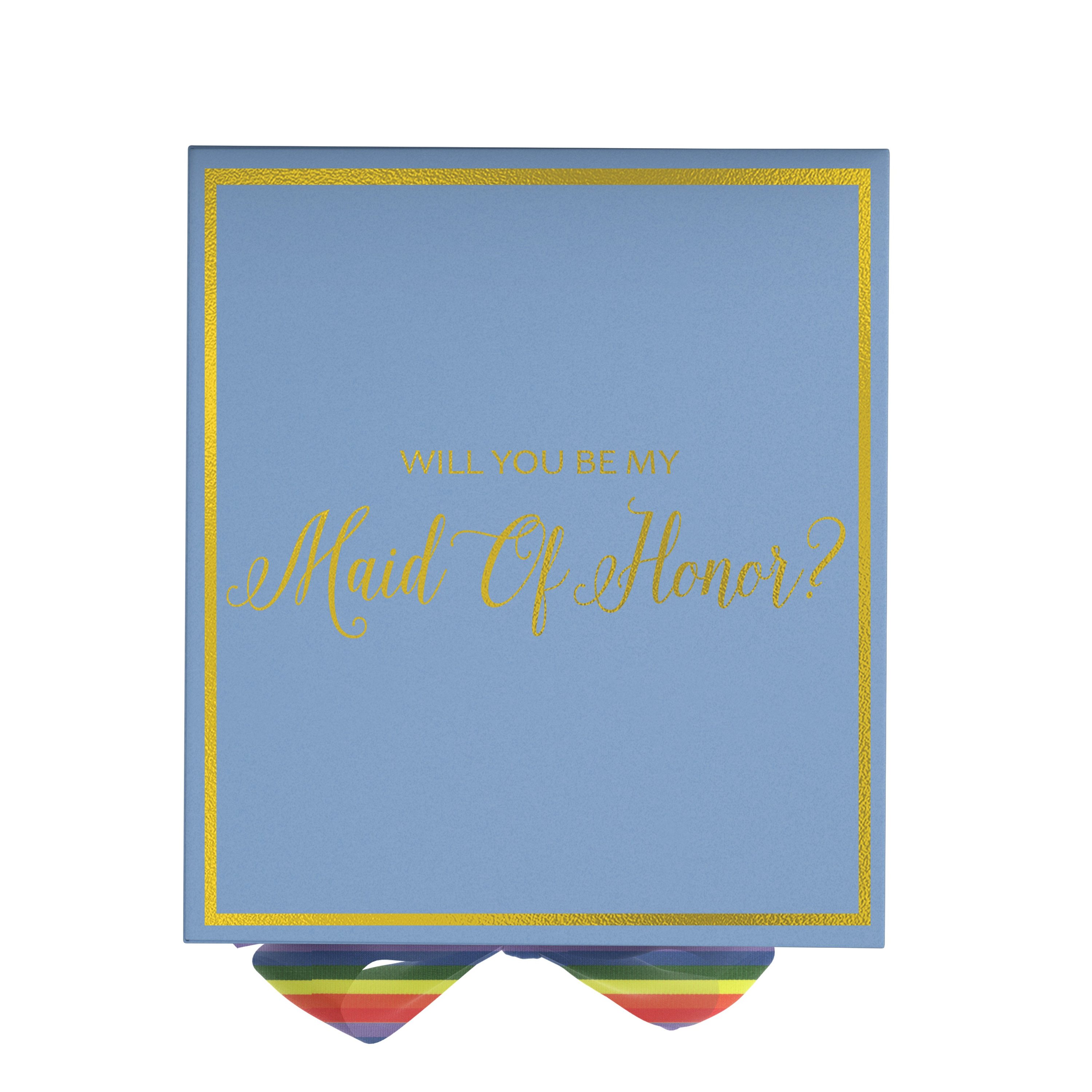 Light blue maid of honor proposal box with metallic writing and a rainbow bow, showcasing its elegant design and quality finish.