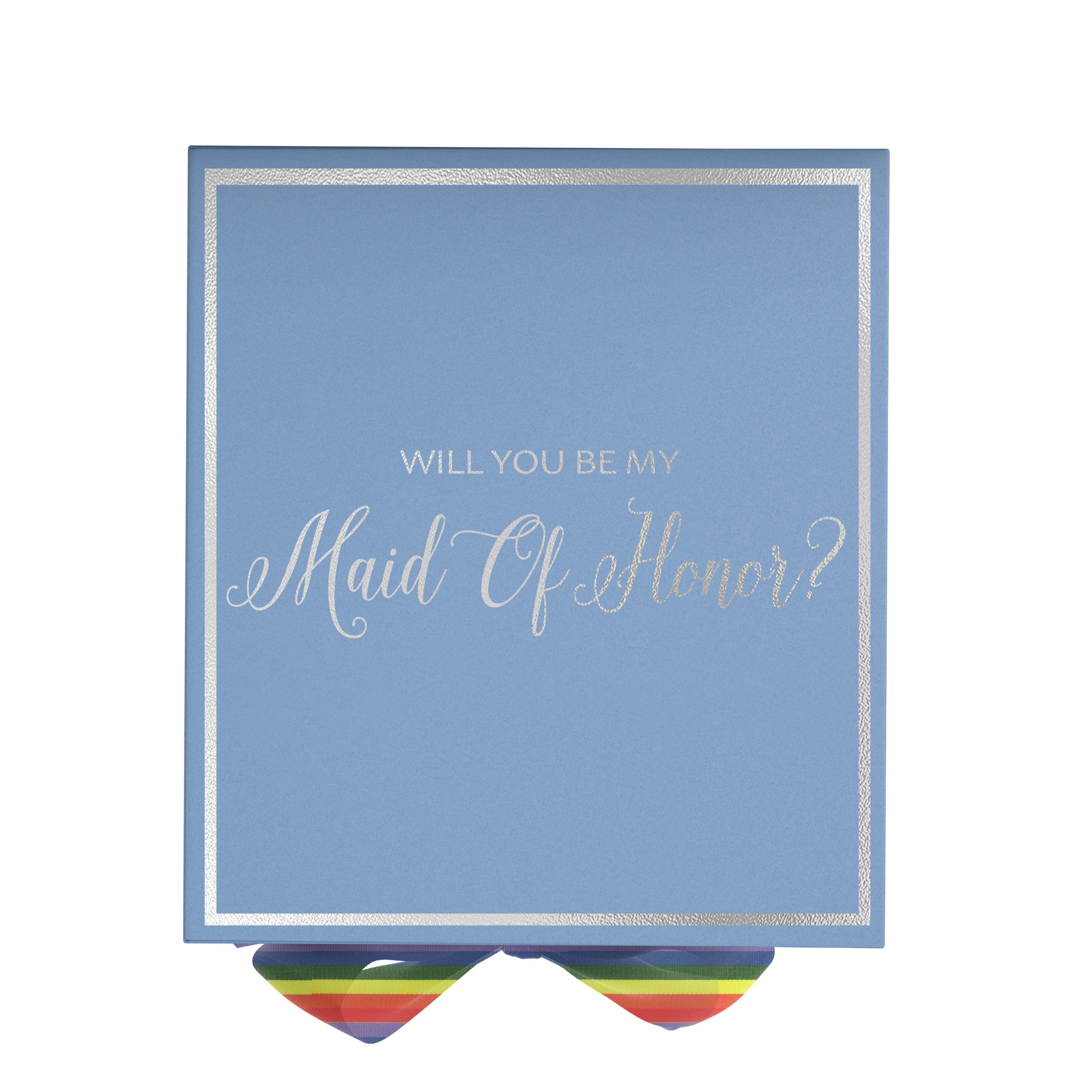 Light blue maid of honor proposal box with metallic writing and a rainbow bow, showcasing its elegant design and quality finish.