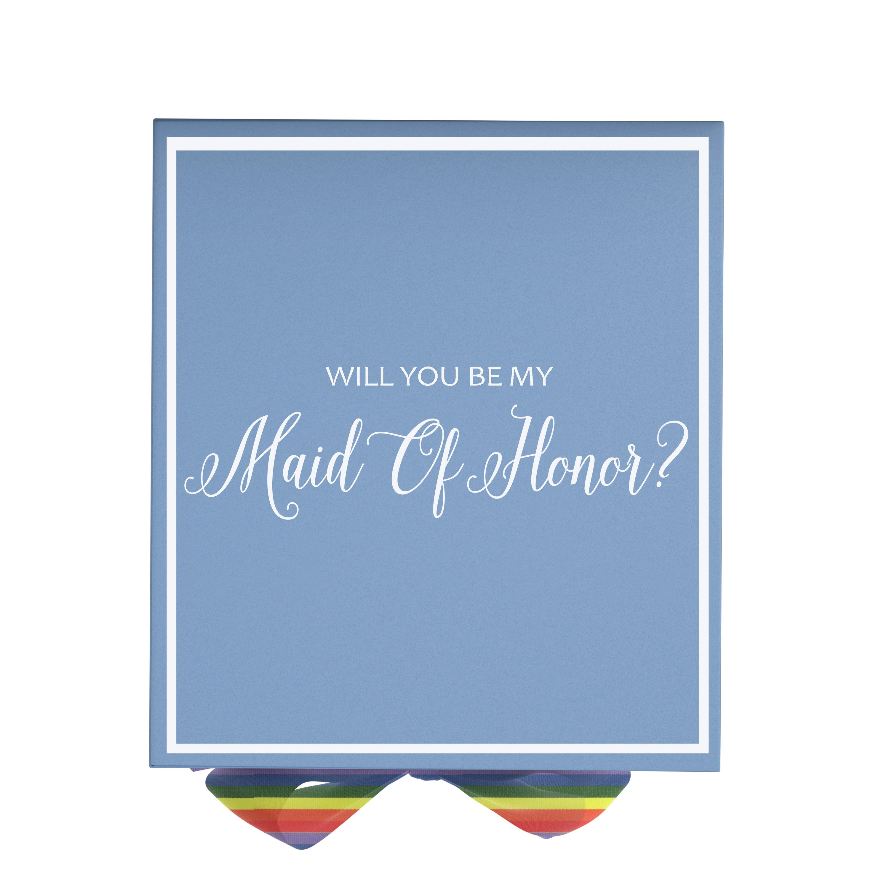 Light blue maid of honor proposal box with metallic writing and a rainbow bow, showcasing its elegant design and quality finish.
