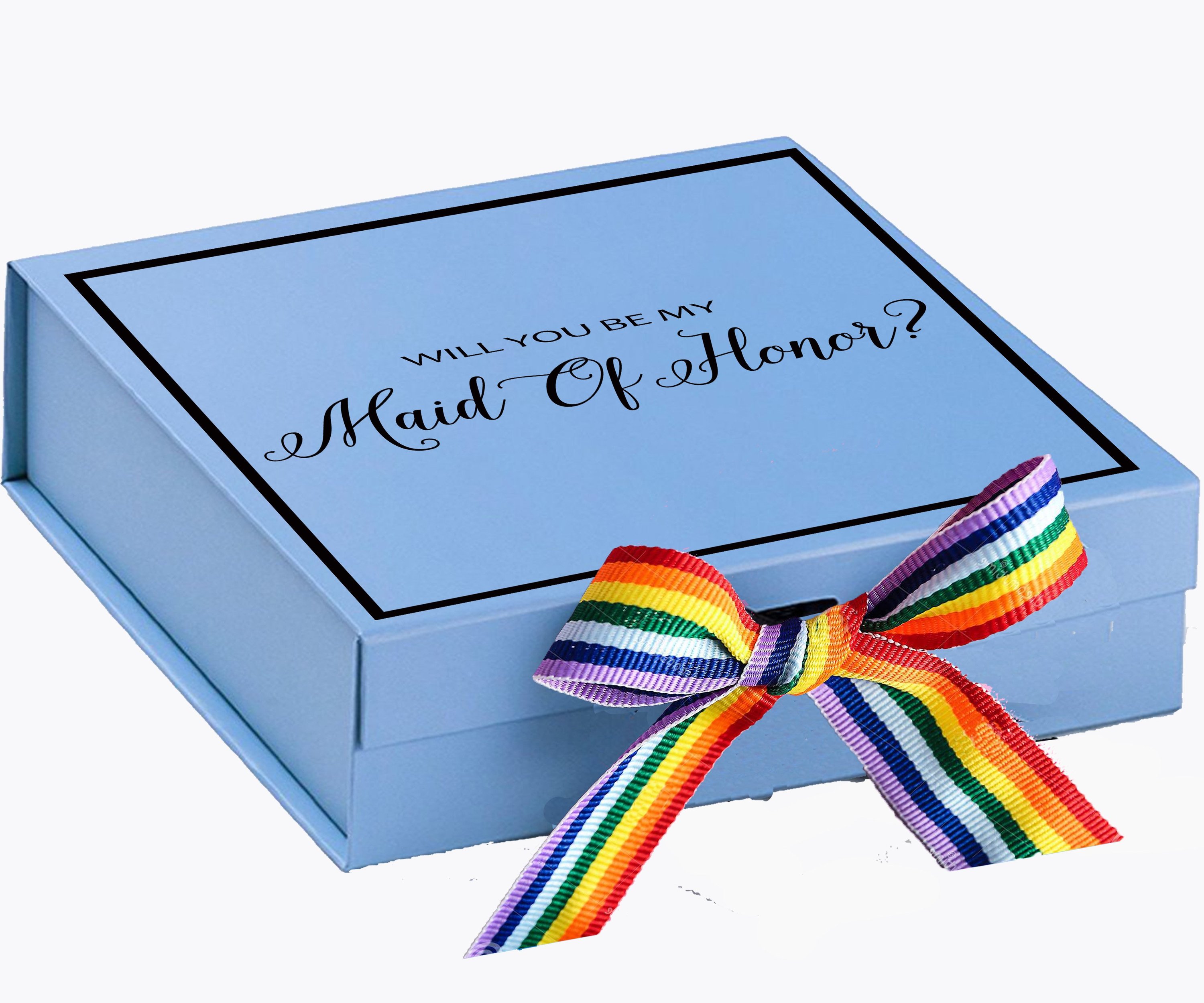 Light blue maid of honor proposal box with metallic writing and a rainbow bow, showcasing its elegant design and quality finish.