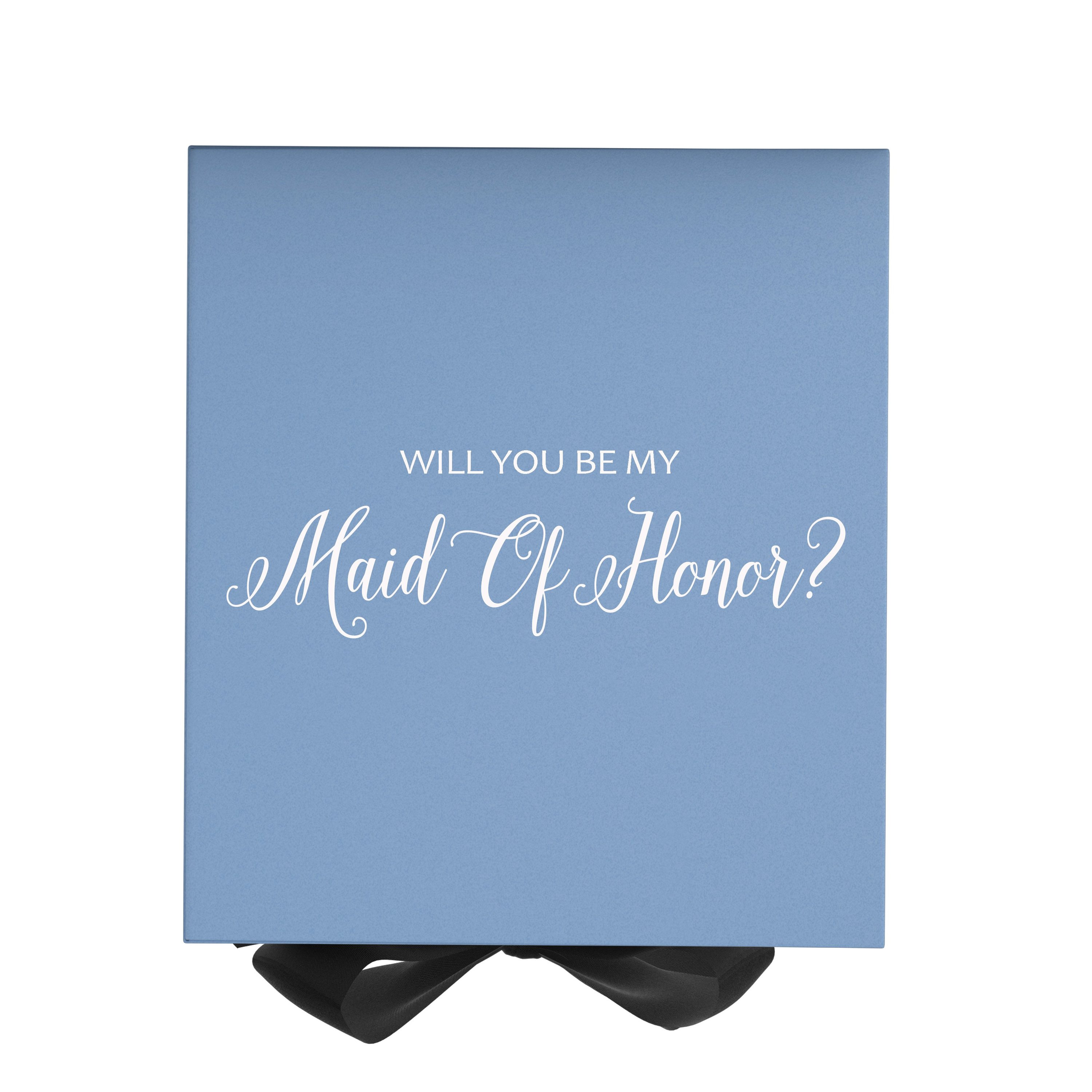 Light blue maid of honor proposal box with black bow and metallic writing on the lid, showcasing its elegant design.