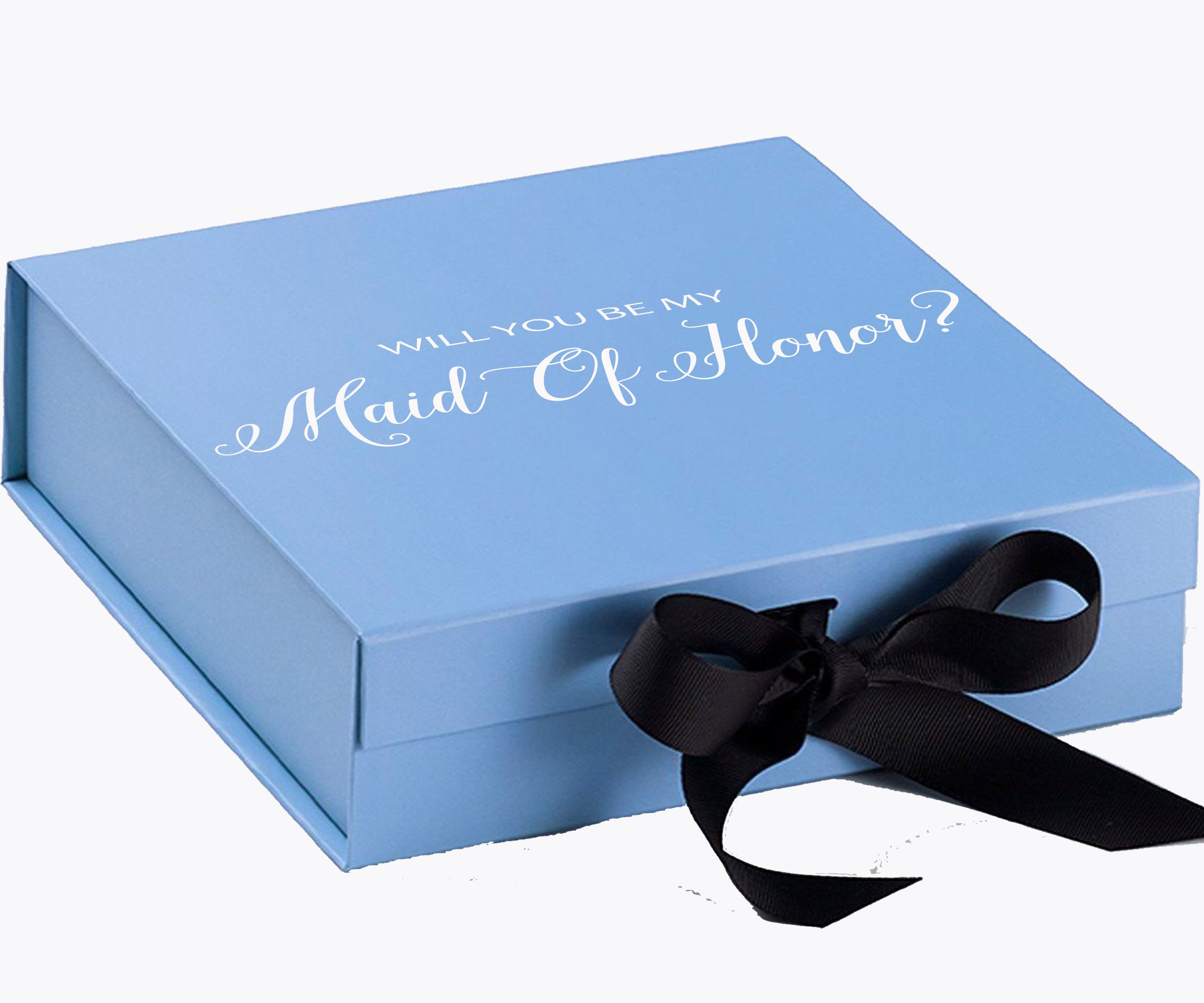 Light blue maid of honor proposal box with black bow and metallic writing on the lid, showcasing its elegant design.