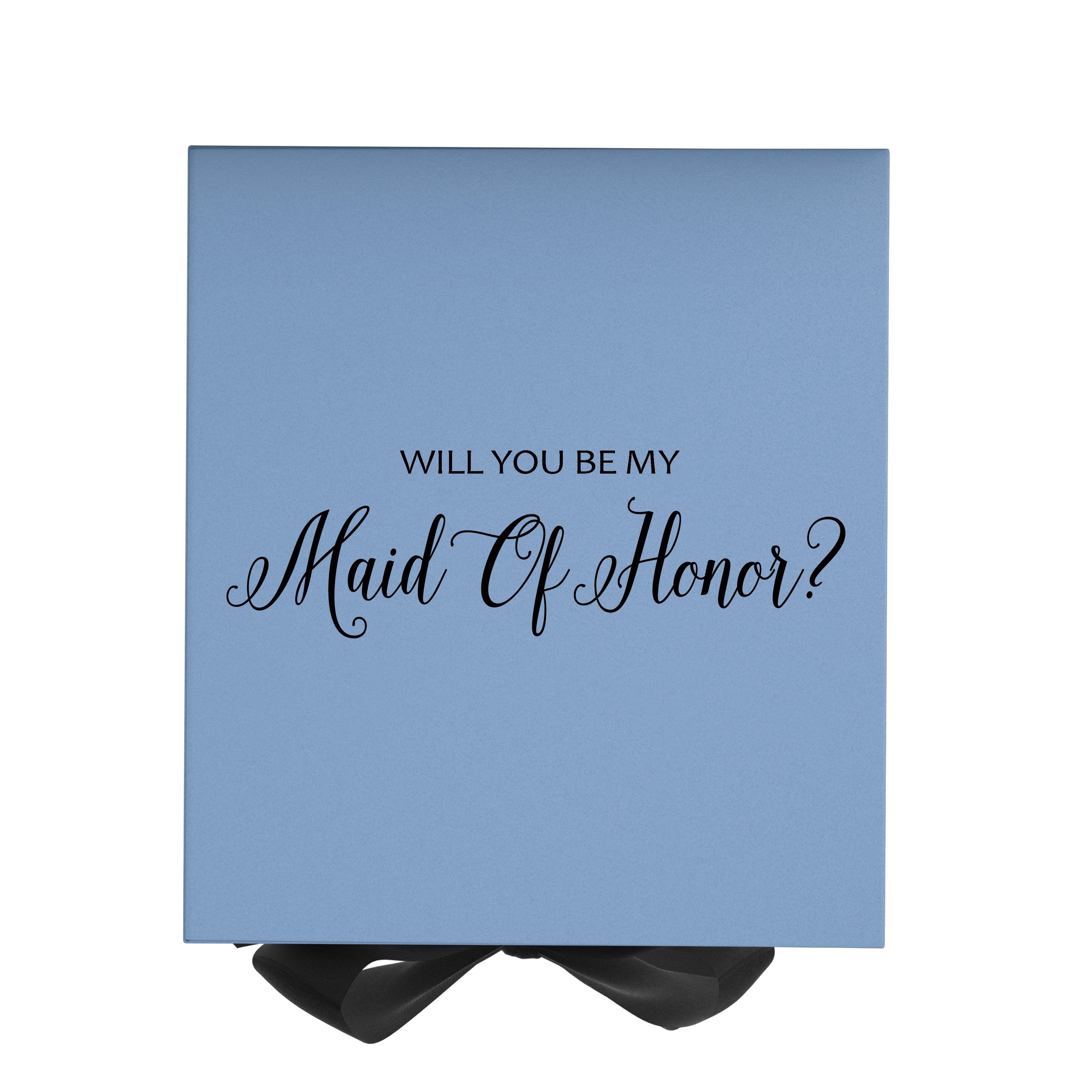 Light blue maid of honor proposal box with black bow and metallic writing on the lid, showcasing its elegant design.