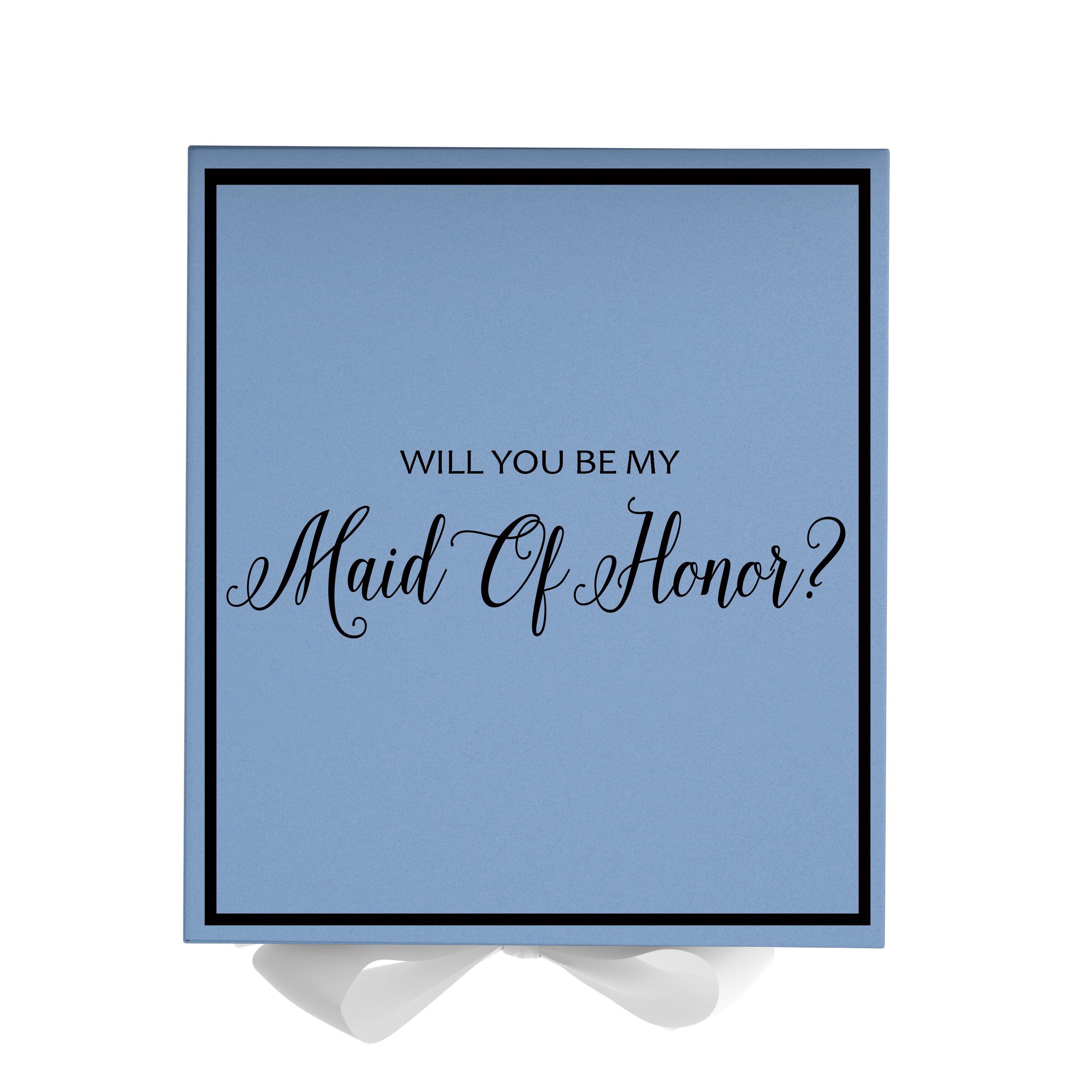Light blue proposal box with white bow and metallic writing, elegantly designed for maid of honor proposal.