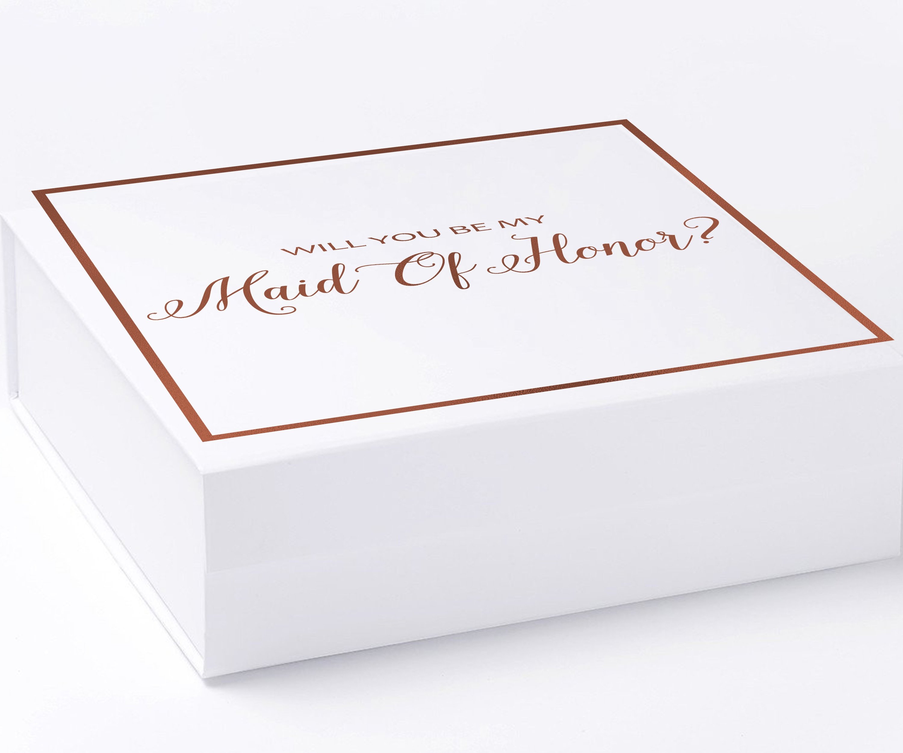 Elegant white maid of honor proposal box with metallic writing on the lid, showcasing a luxurious design without a ribbon.