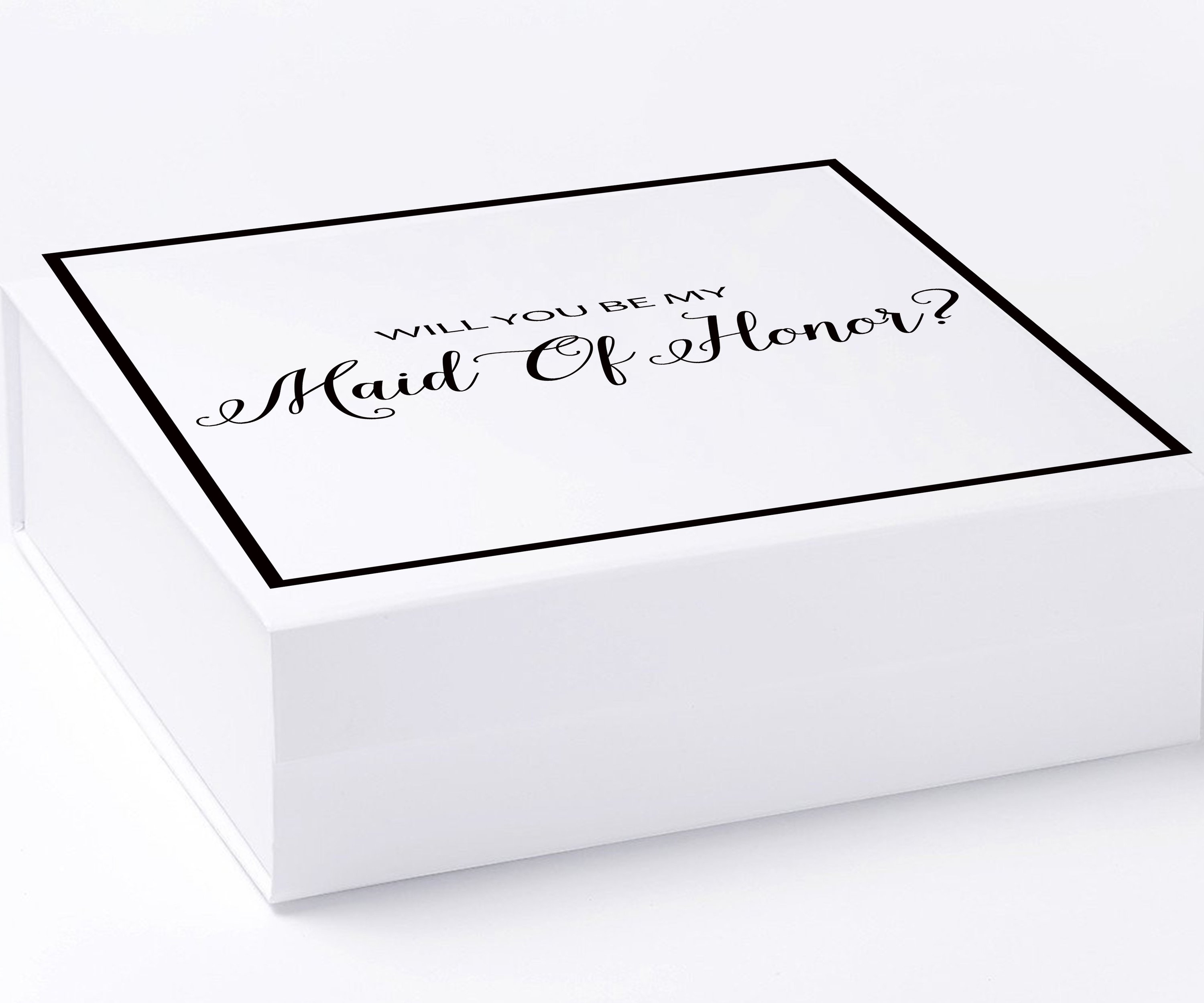 Elegant white maid of honor proposal box with metallic writing on the lid, showcasing a luxurious design without a ribbon.