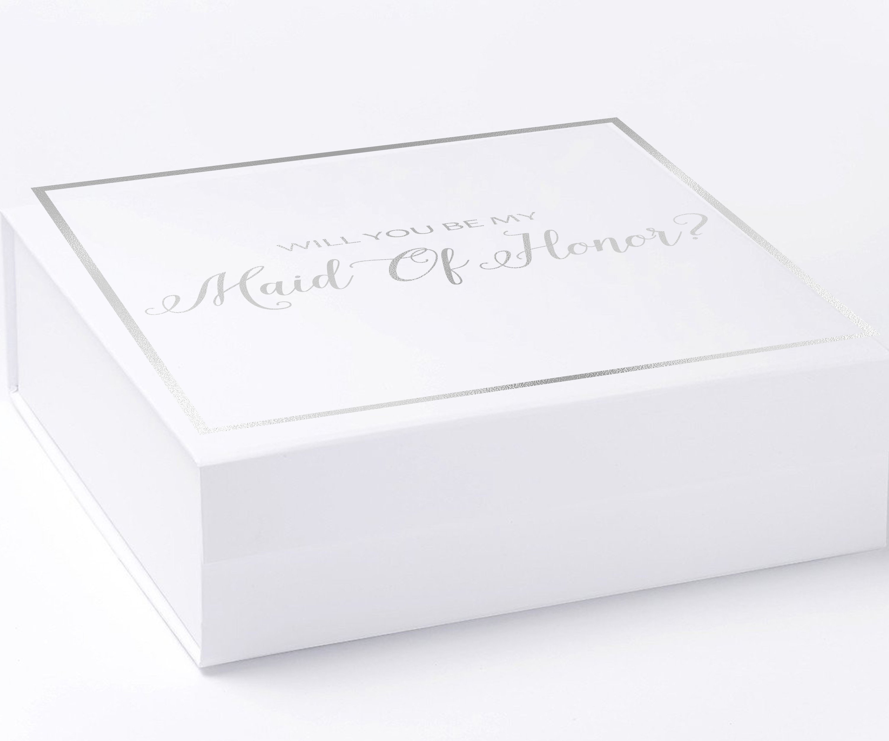 Elegant white maid of honor proposal box with metallic writing on the lid, showcasing a luxurious design without a ribbon.