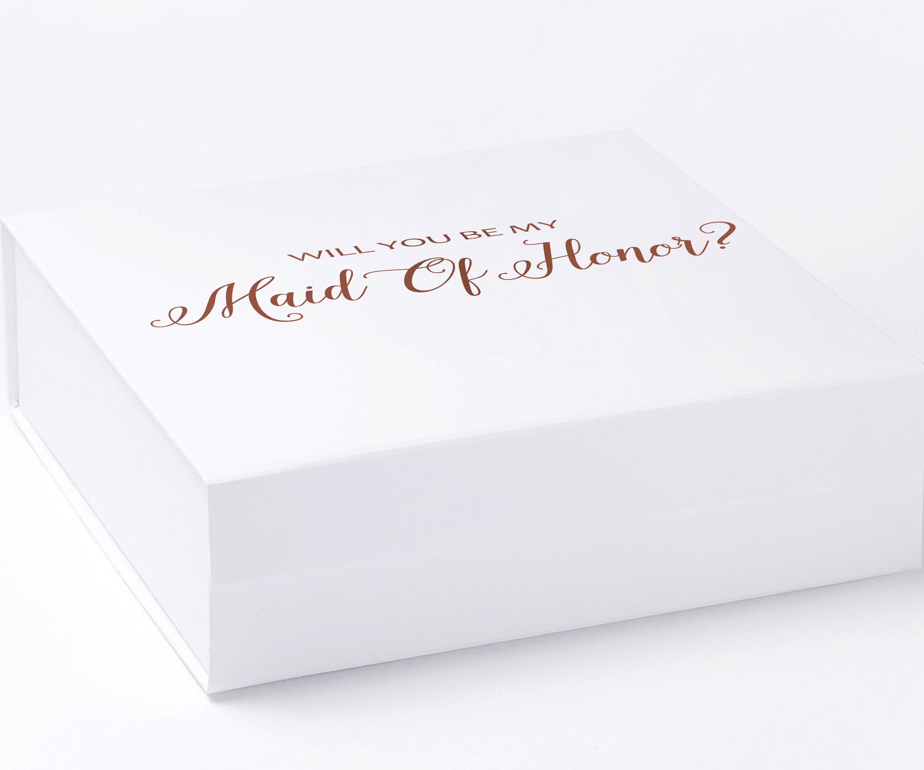 Elegant white maid of honor proposal box with metallic writing on the lid, showcasing its luxurious design and quality finish.