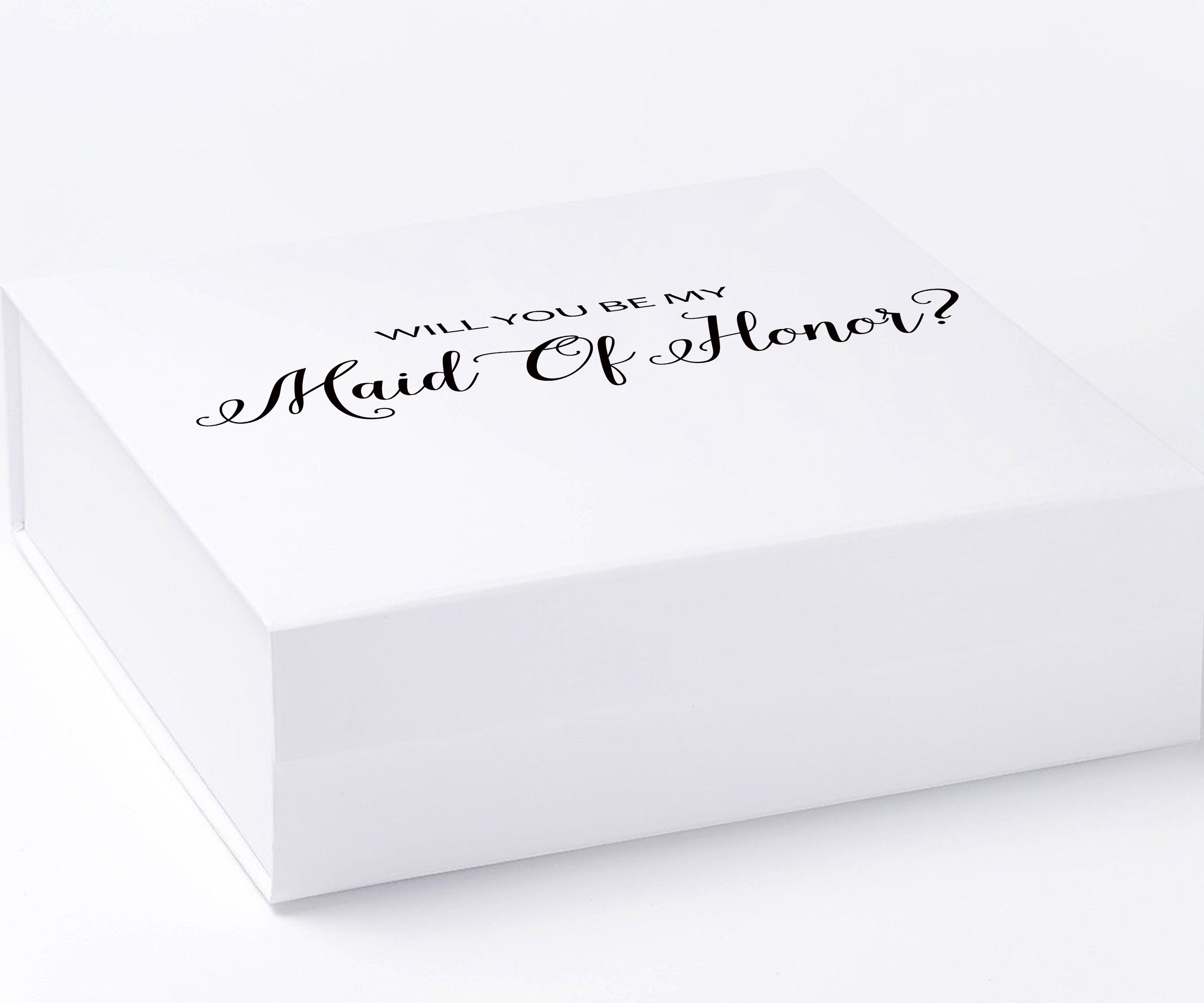 Elegant white maid of honor proposal box with metallic writing on the lid, showcasing its luxurious design and quality finish.
