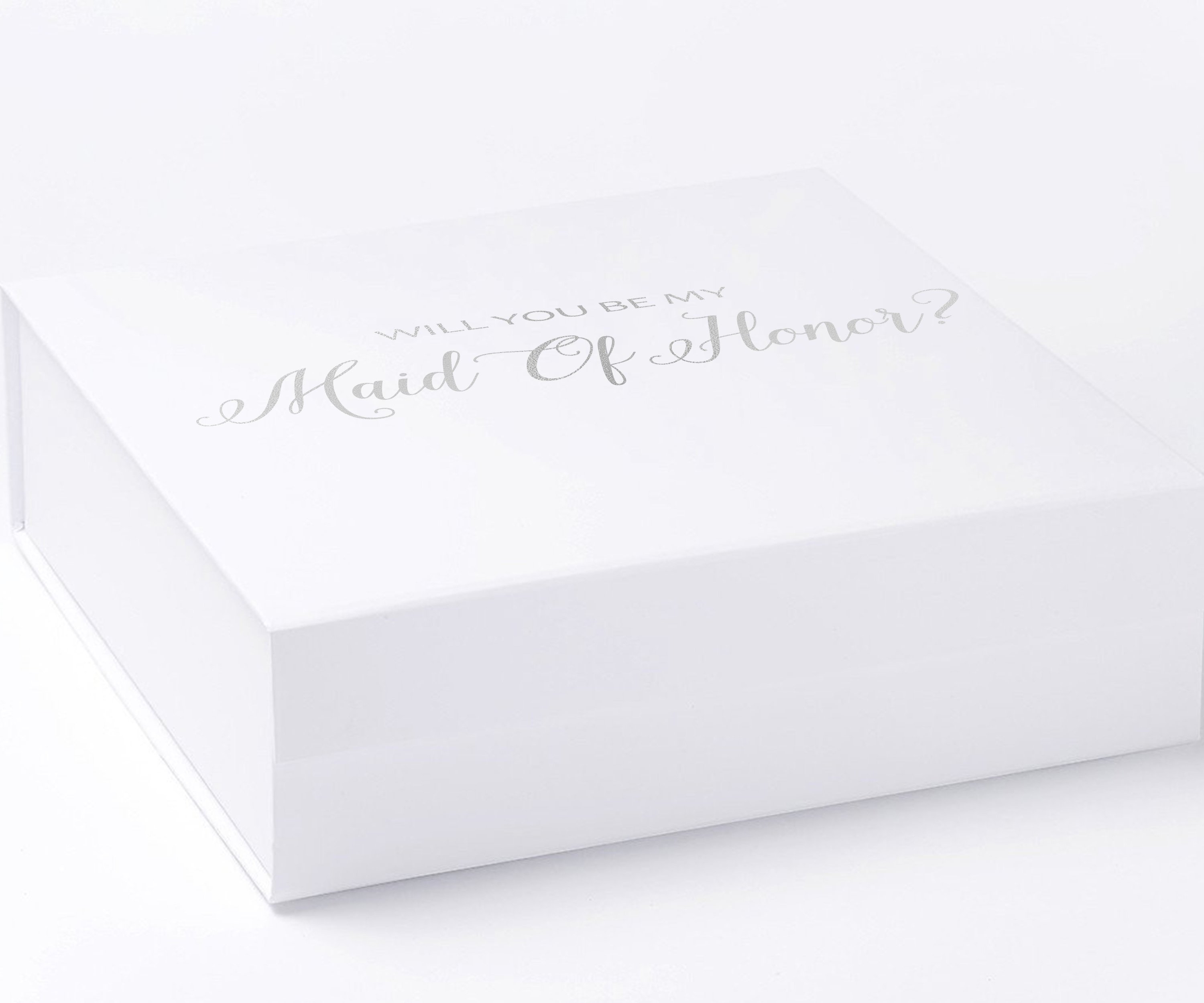 Elegant white maid of honor proposal box with metallic writing on the lid, showcasing its luxurious design and quality finish.