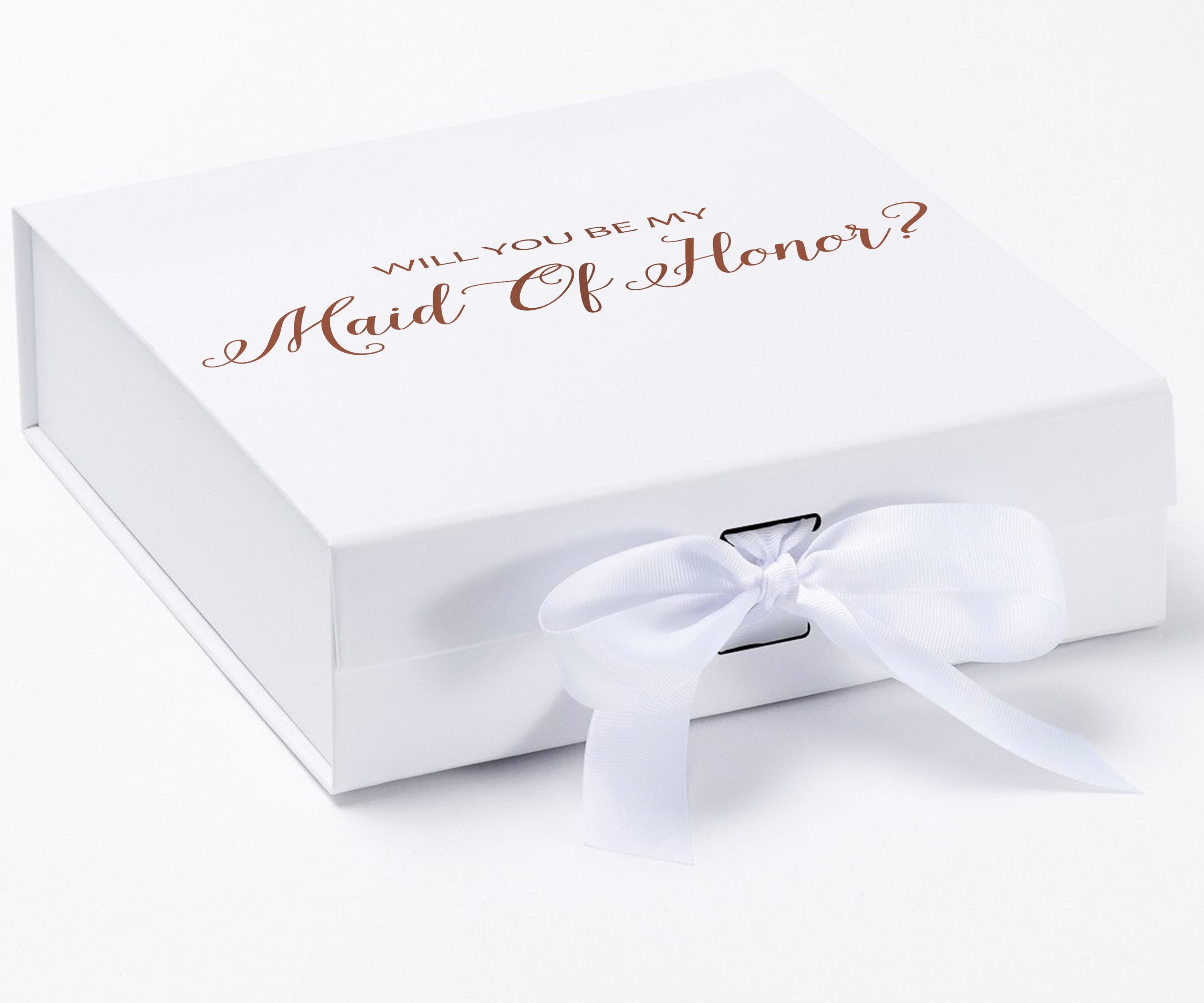 Elegant white maid of honor proposal box with metallic writing and a white bow, showcasing its luxurious design.