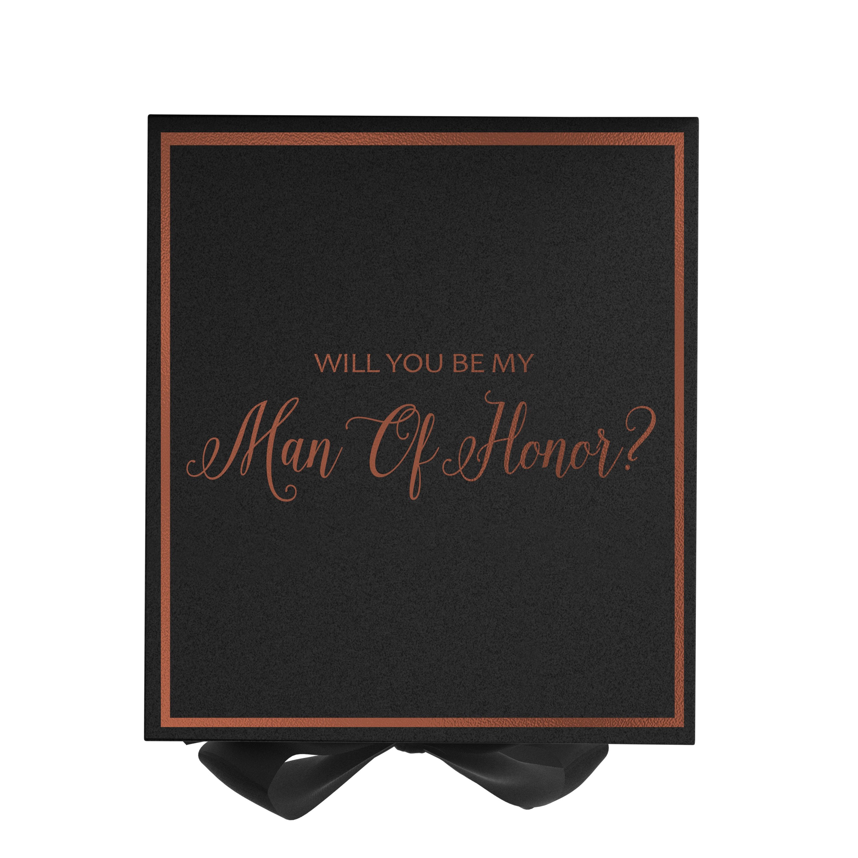 Elegant black proposal box with metallic writing and a black bow, showcasing luxury and style.