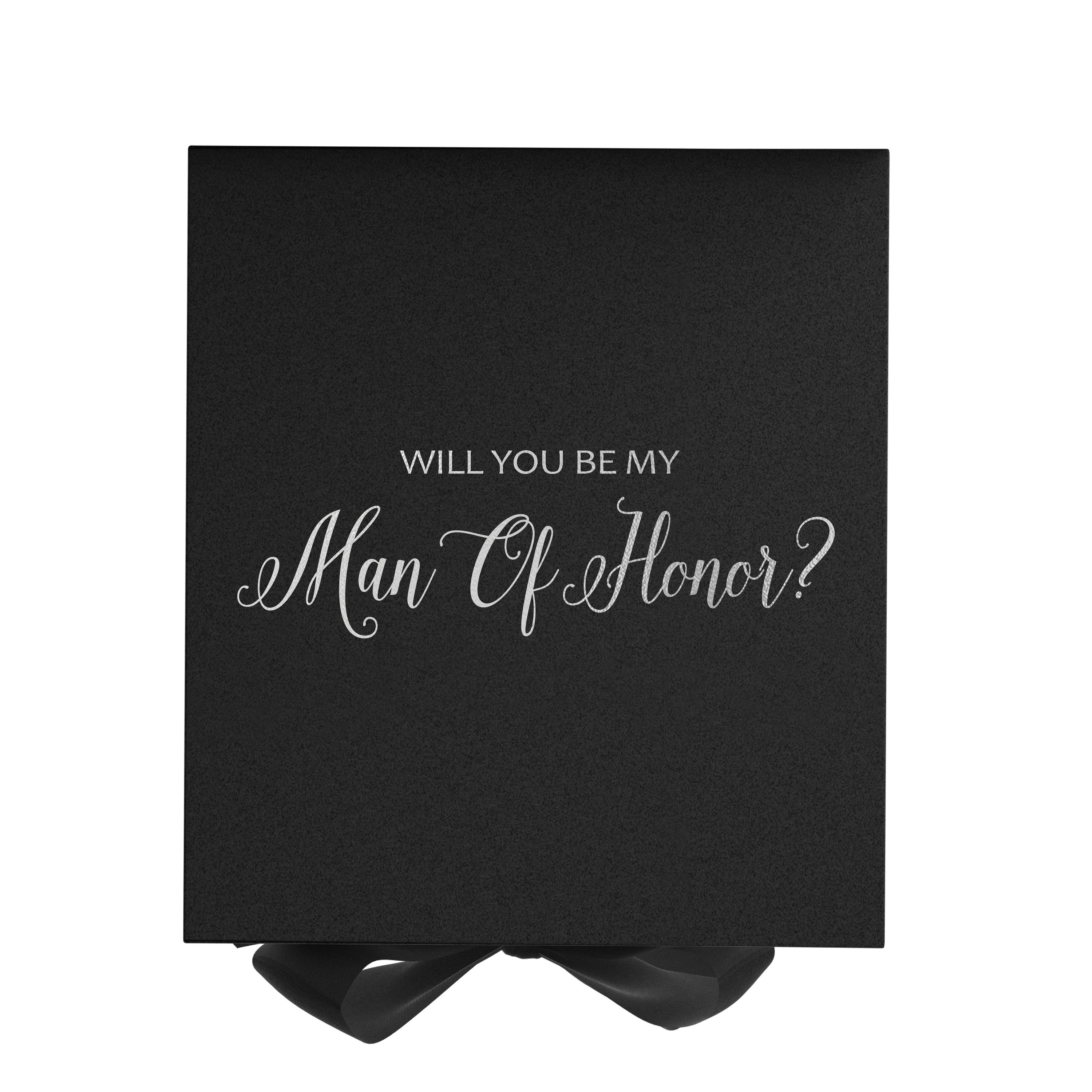 Elegant black proposal box with metallic writing and a bow, showcasing its luxurious design and available sizes.
