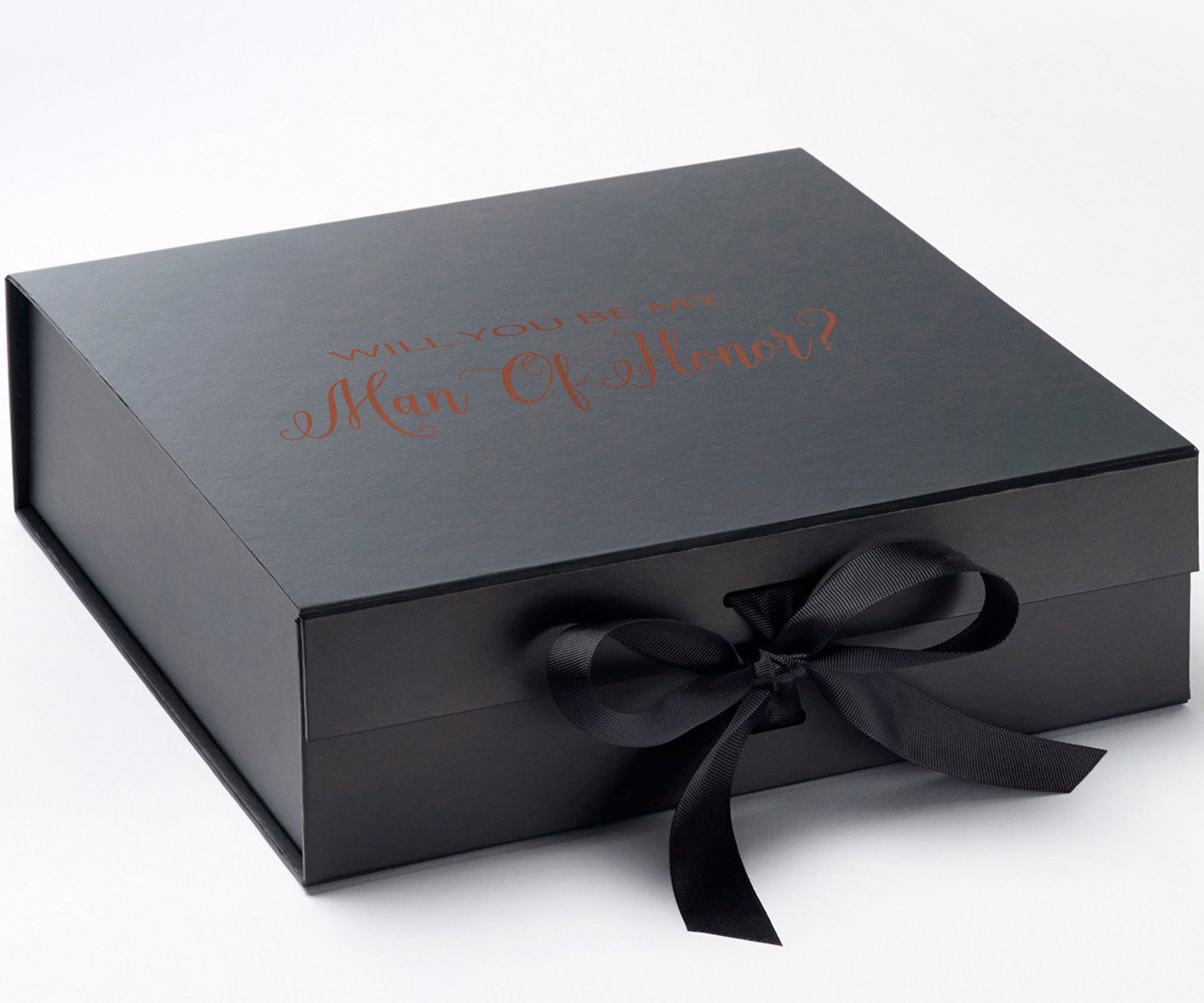 Elegant black proposal box with metallic writing and a bow, showcasing its luxurious design and available sizes.
