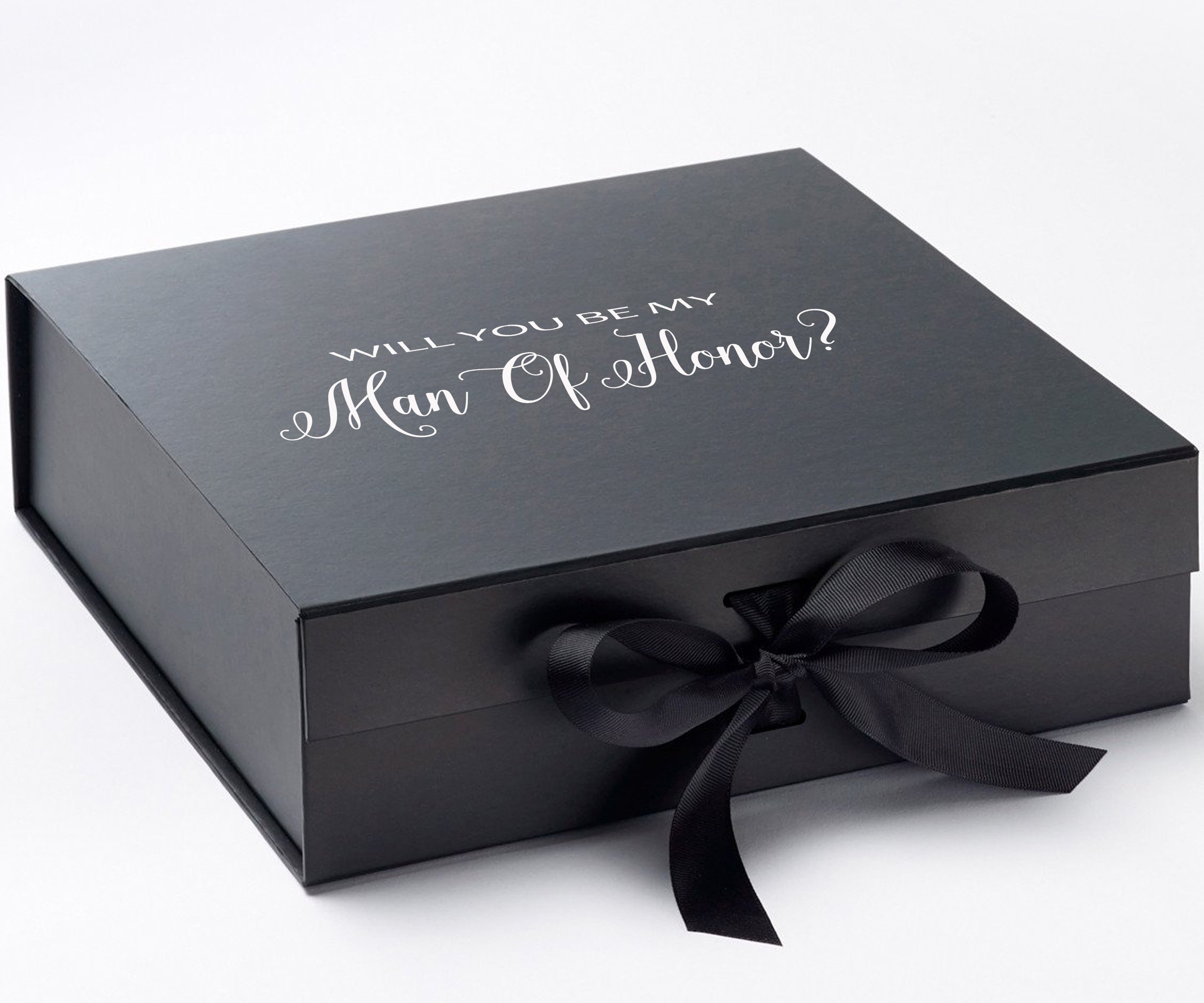 Elegant black proposal box with metallic writing and a bow, showcasing its luxurious design and available sizes.
