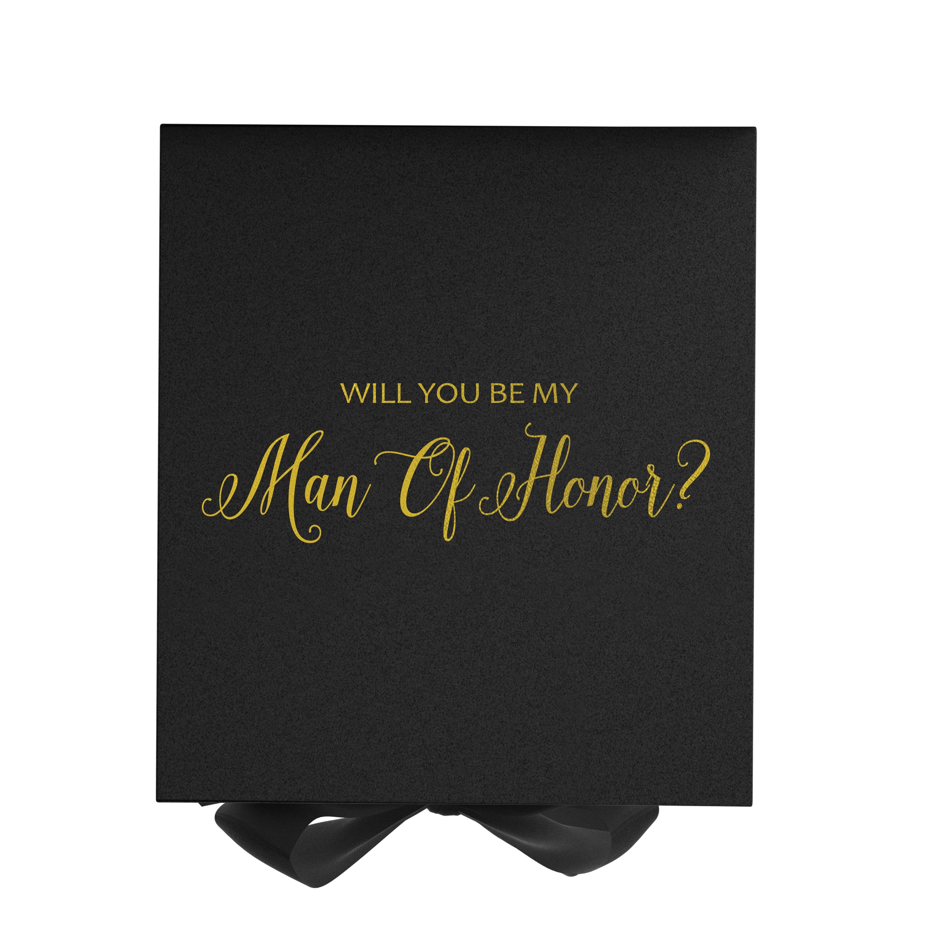 Elegant black proposal box with metallic writing and a bow, showcasing its luxurious design and available sizes.