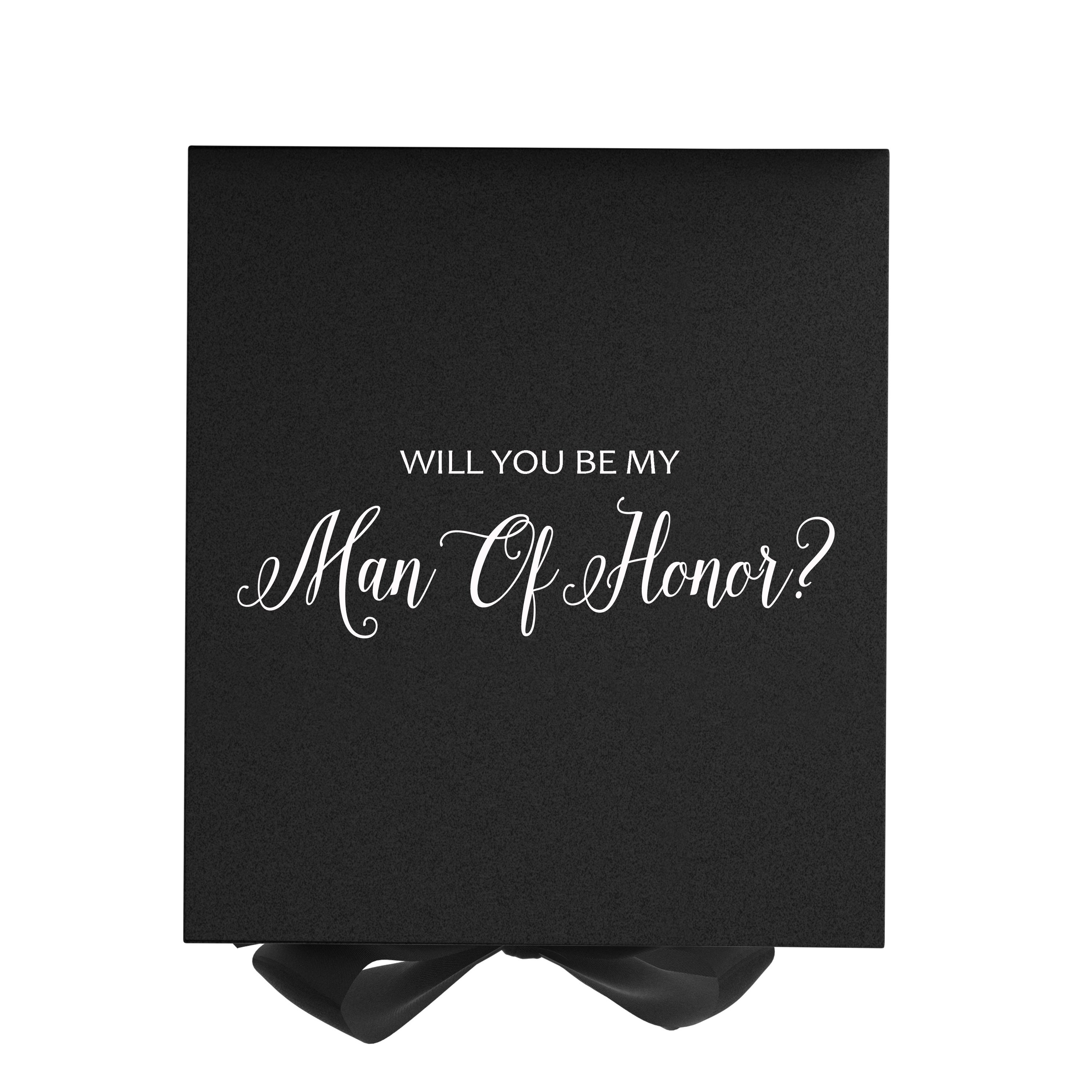 Elegant black proposal box with metallic writing and a bow, showcasing its luxurious design and available sizes.