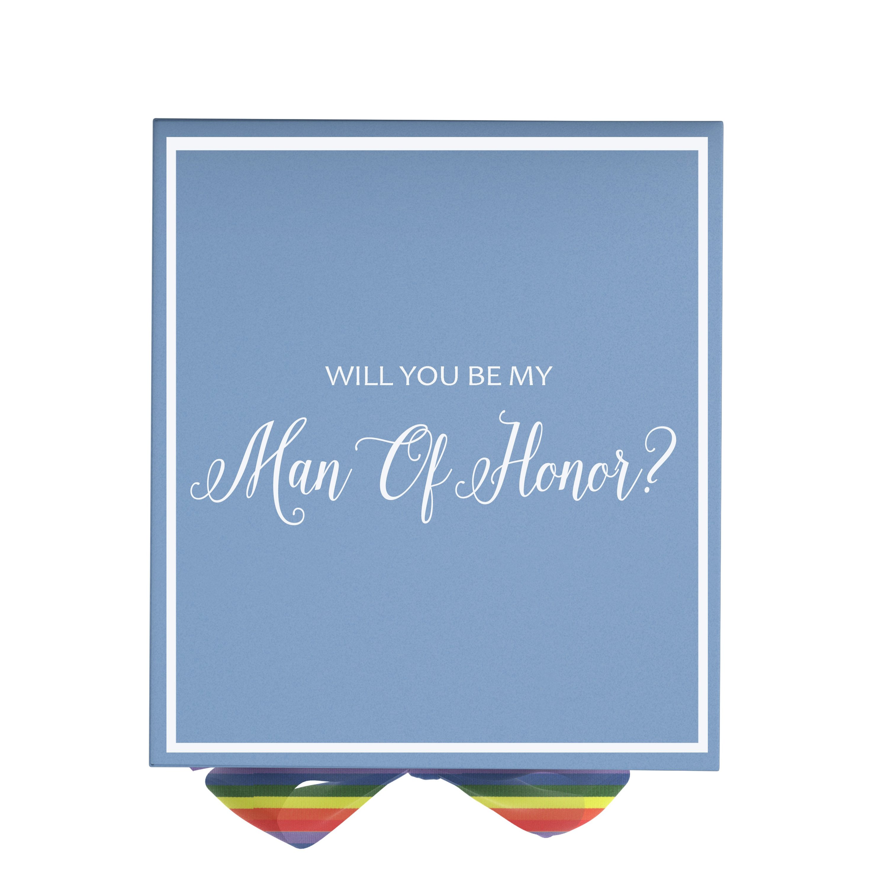 Light blue proposal box with metallic writing and rainbow bow, perfect for asking your Man of Honor.