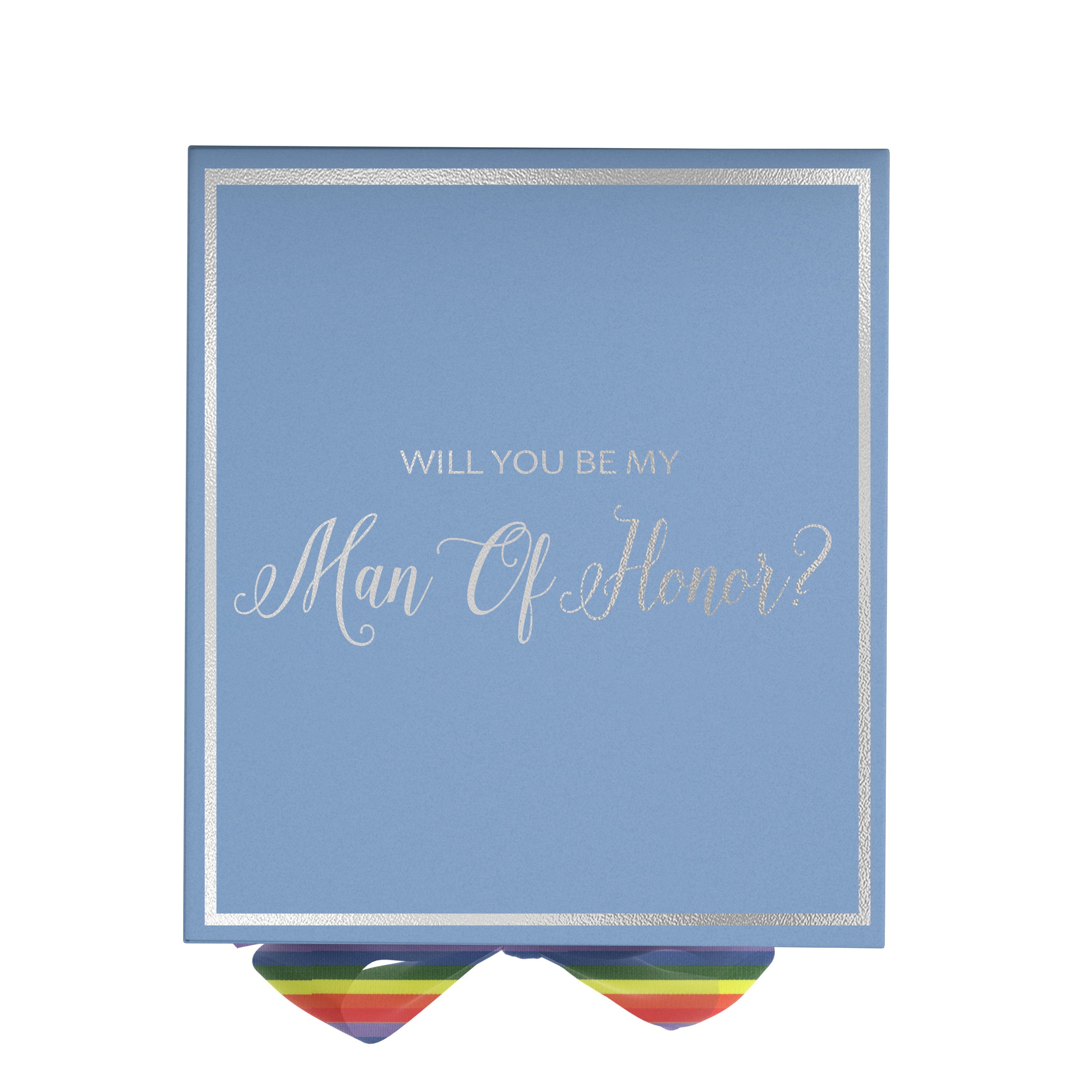 Light blue proposal box with metallic writing and rainbow bow, perfect for asking your Man of Honor.