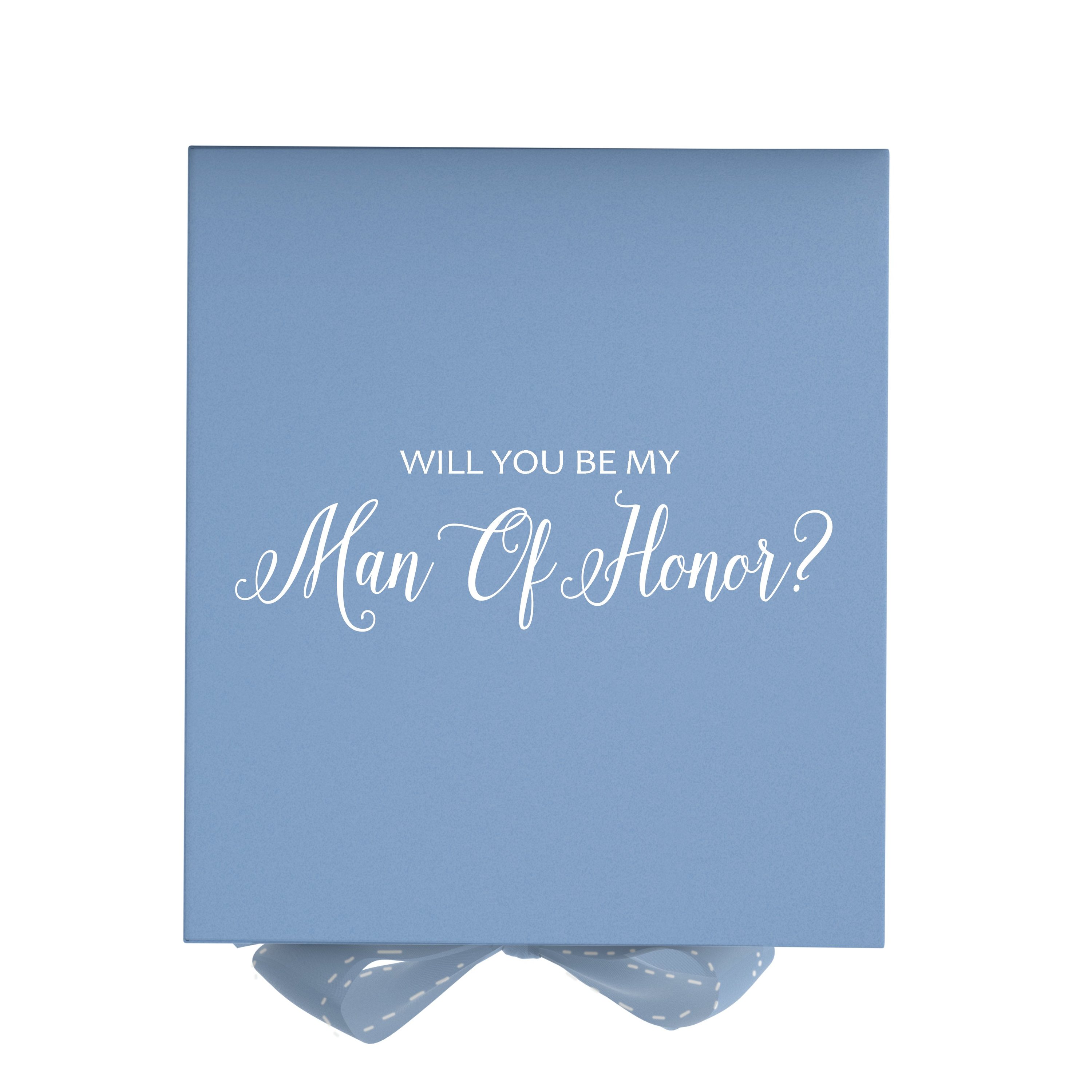 Light blue proposal box with metallic writing, featuring a bow and no border, available in three sizes.