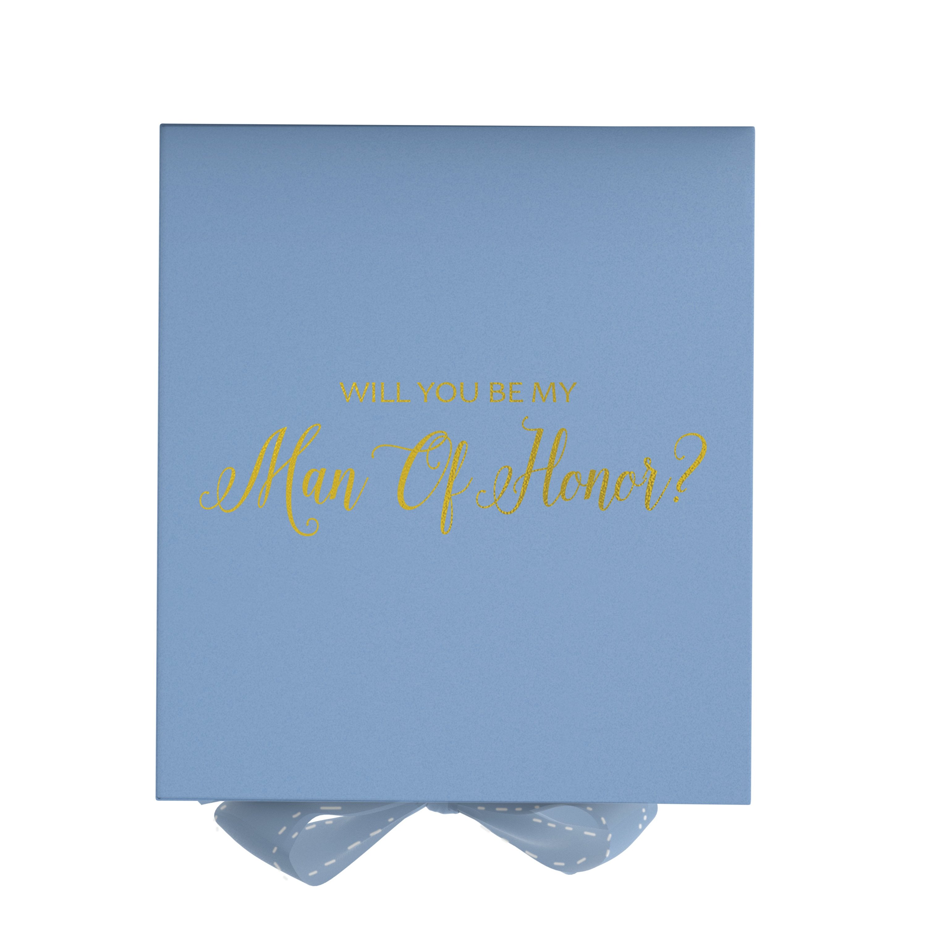 Light blue proposal box with metallic writing, featuring a bow and no border, available in three sizes.