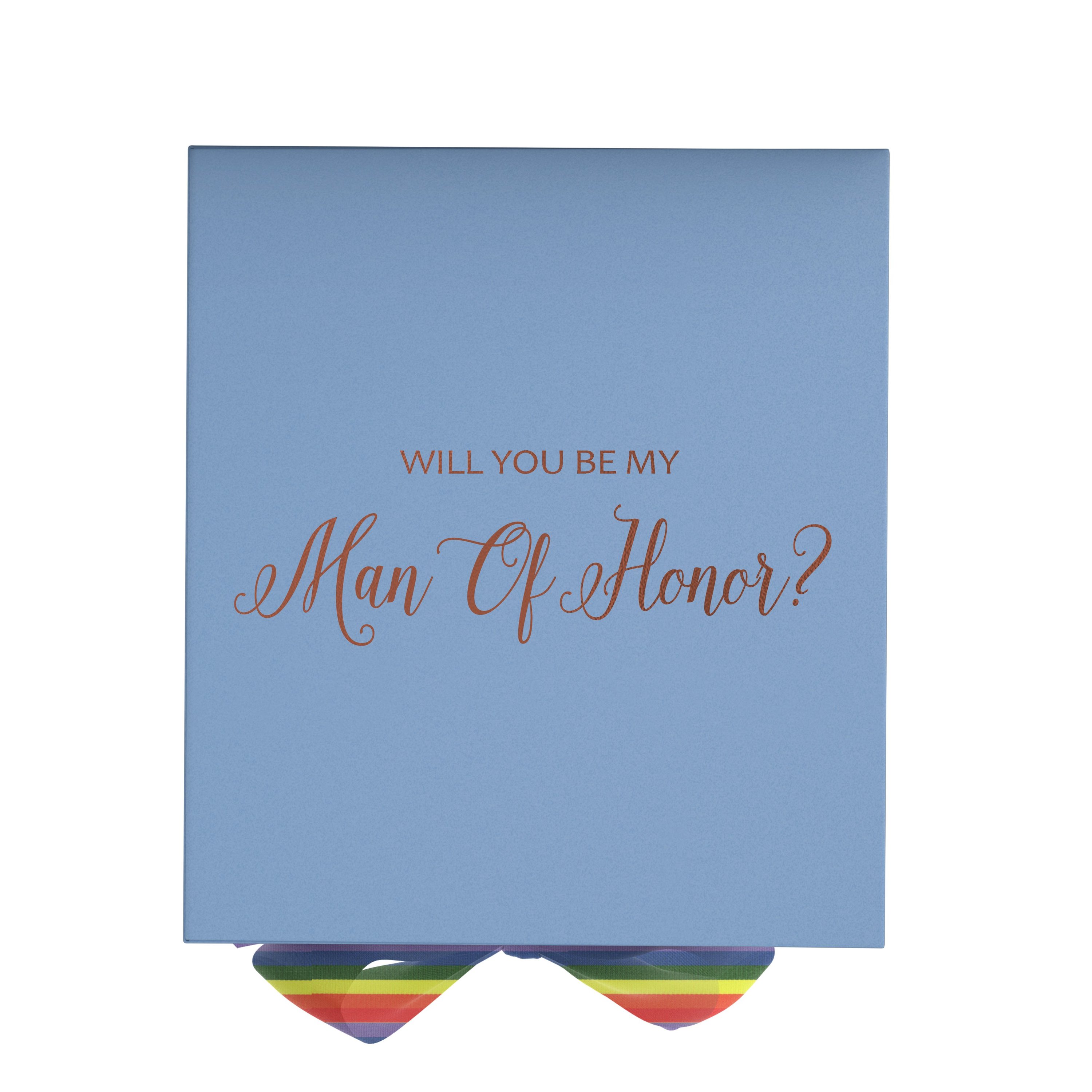 Light blue proposal box with metallic writing and rainbow bow, showcasing elegant design and quality craftsmanship.