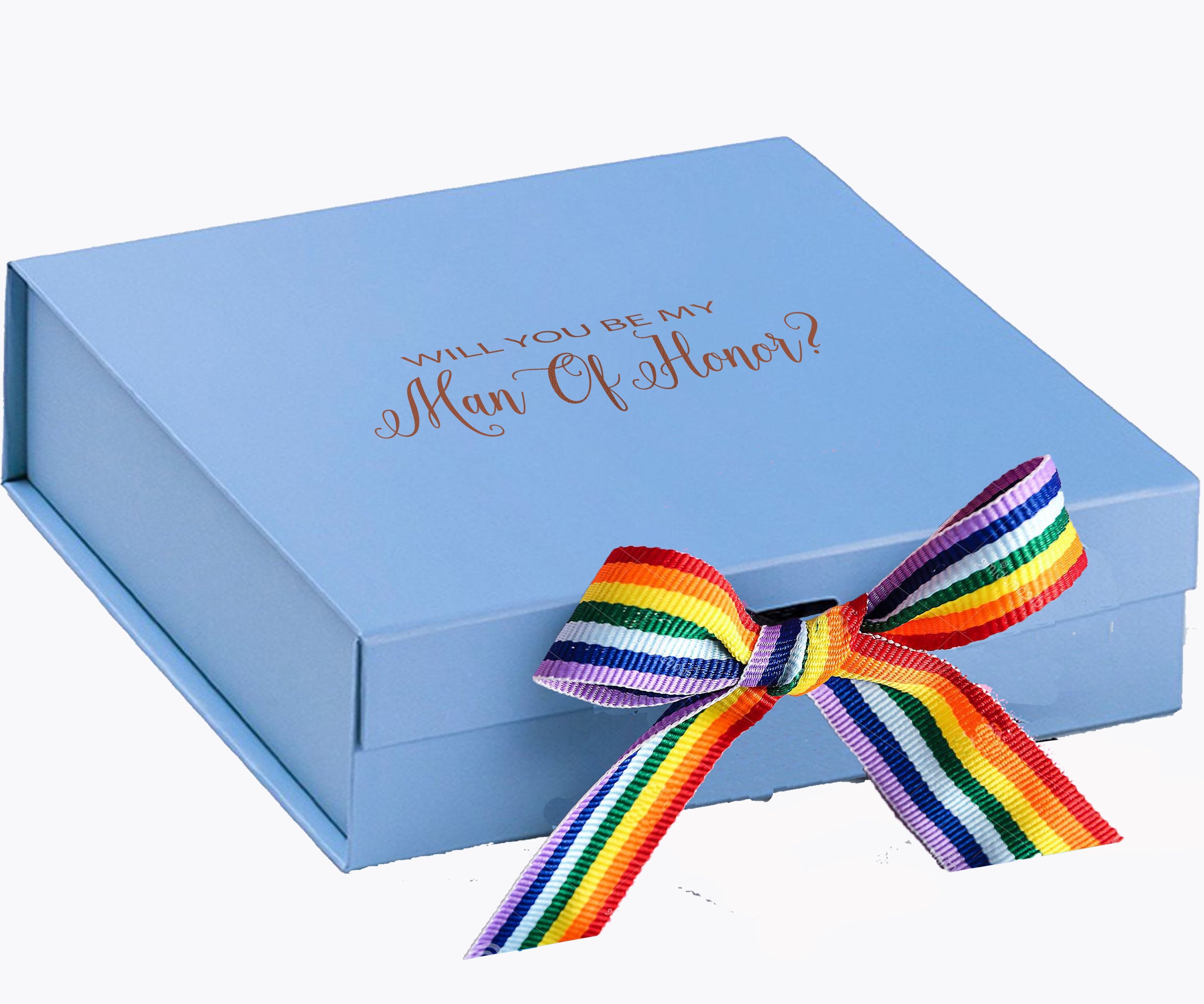 Light blue proposal box with metallic writing and rainbow bow, showcasing elegant design and quality craftsmanship.