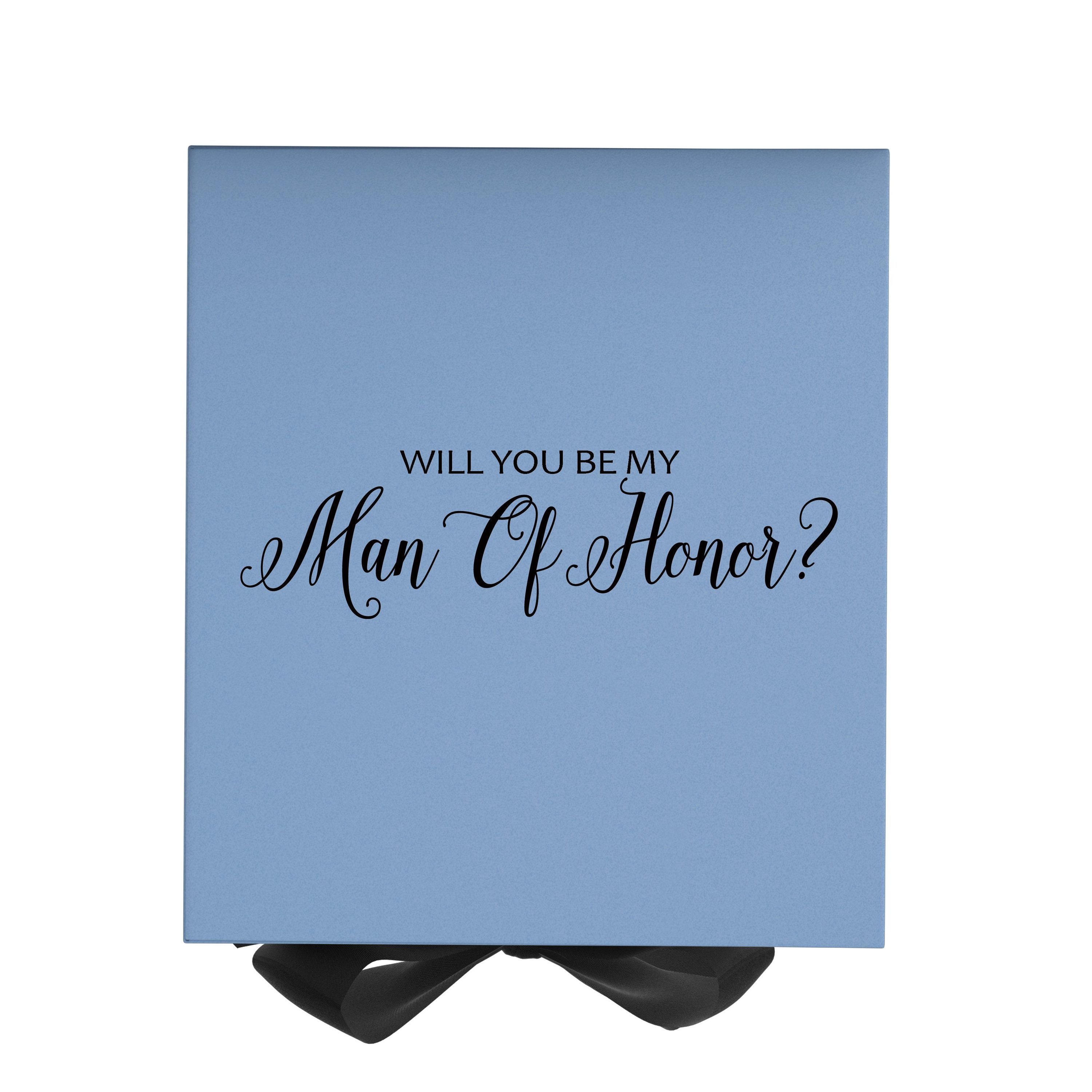 Light blue proposal box with black bow and metallic writing, showcasing elegant design and quality construction.