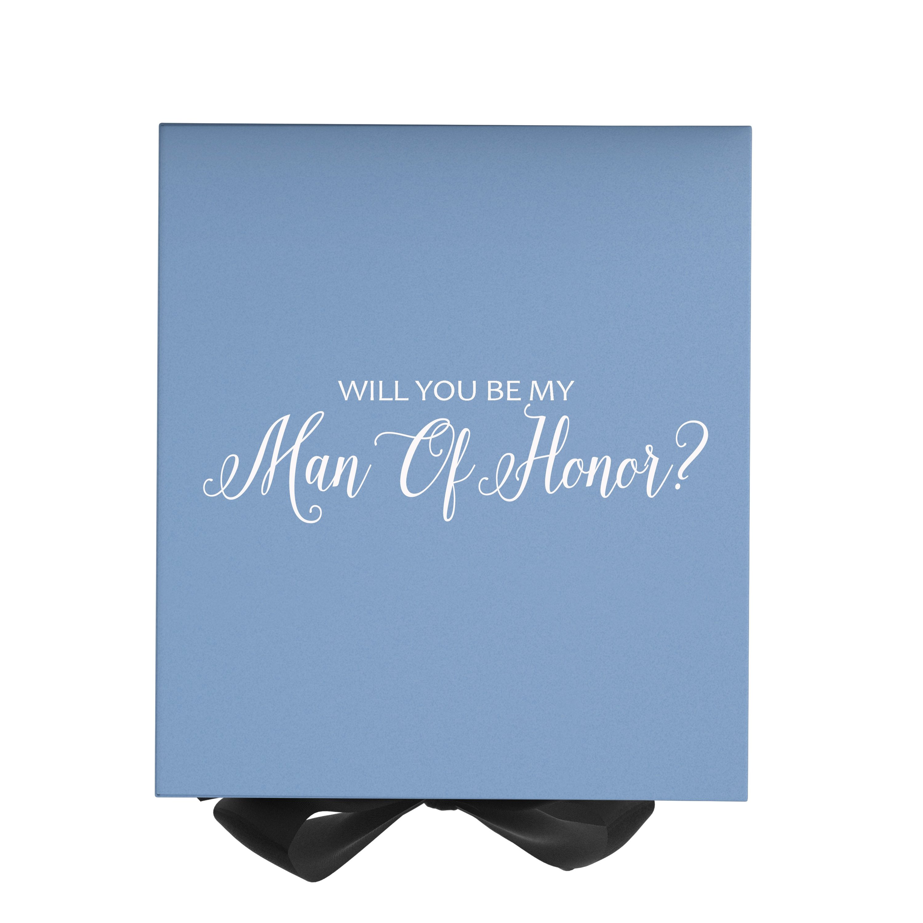Light blue proposal box with black bow and metallic writing, showcasing elegant design and quality construction.