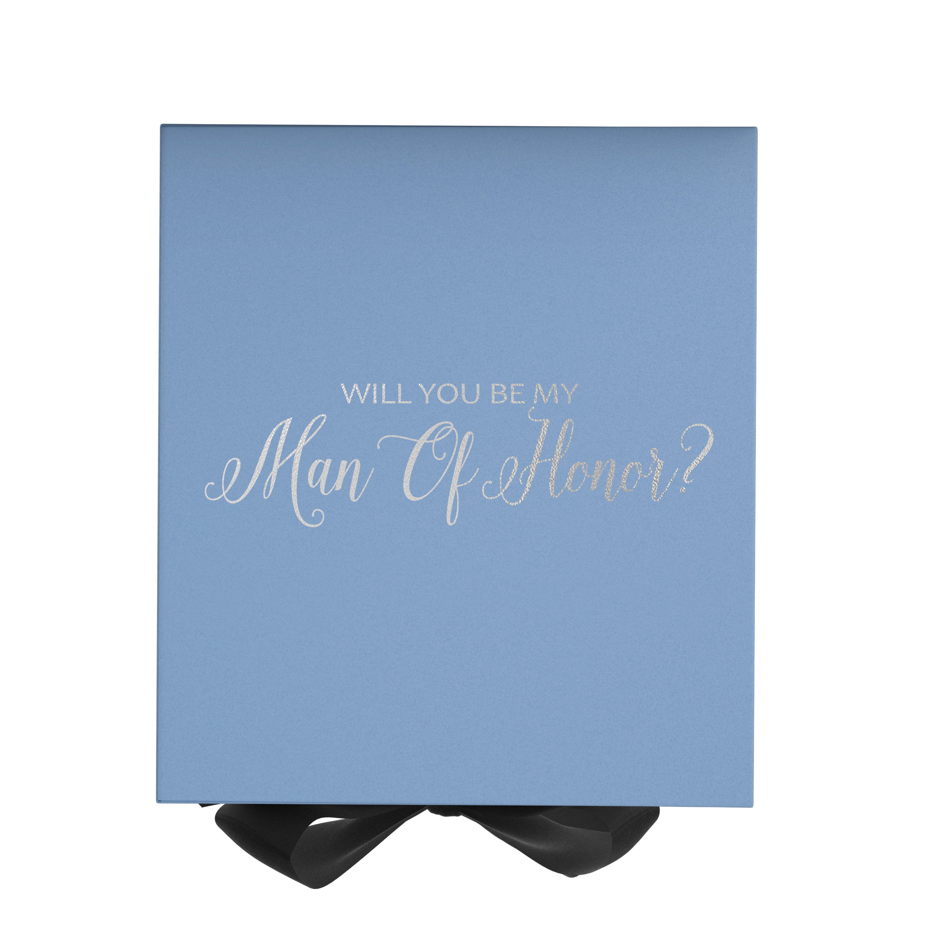 Light blue proposal box with black bow and metallic writing, showcasing elegant design and quality construction.