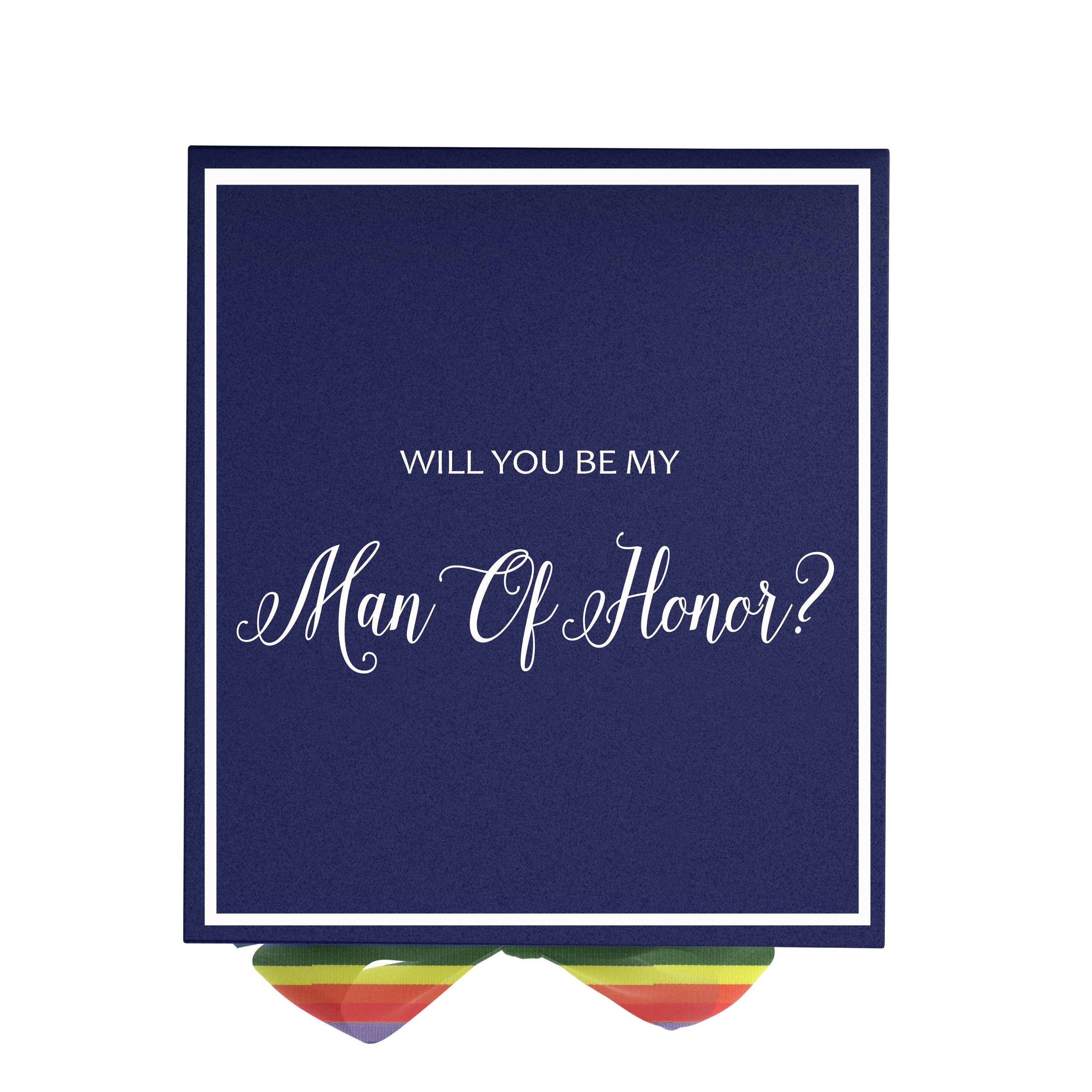 Navy proposal box with rainbow bow and metallic writing, showcasing elegant design and quality construction.