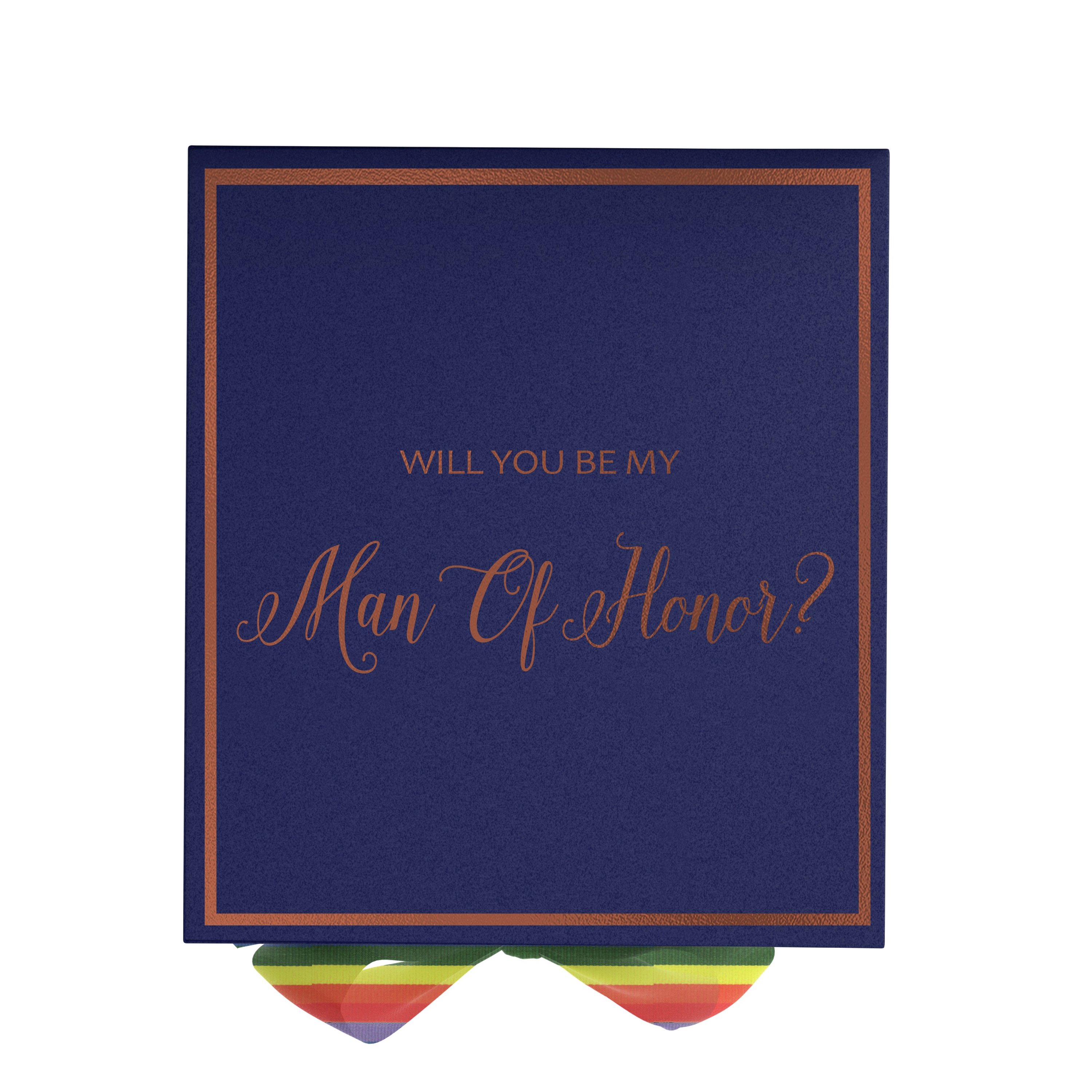 Navy proposal box with rainbow bow and metallic writing, showcasing elegant design and quality construction.