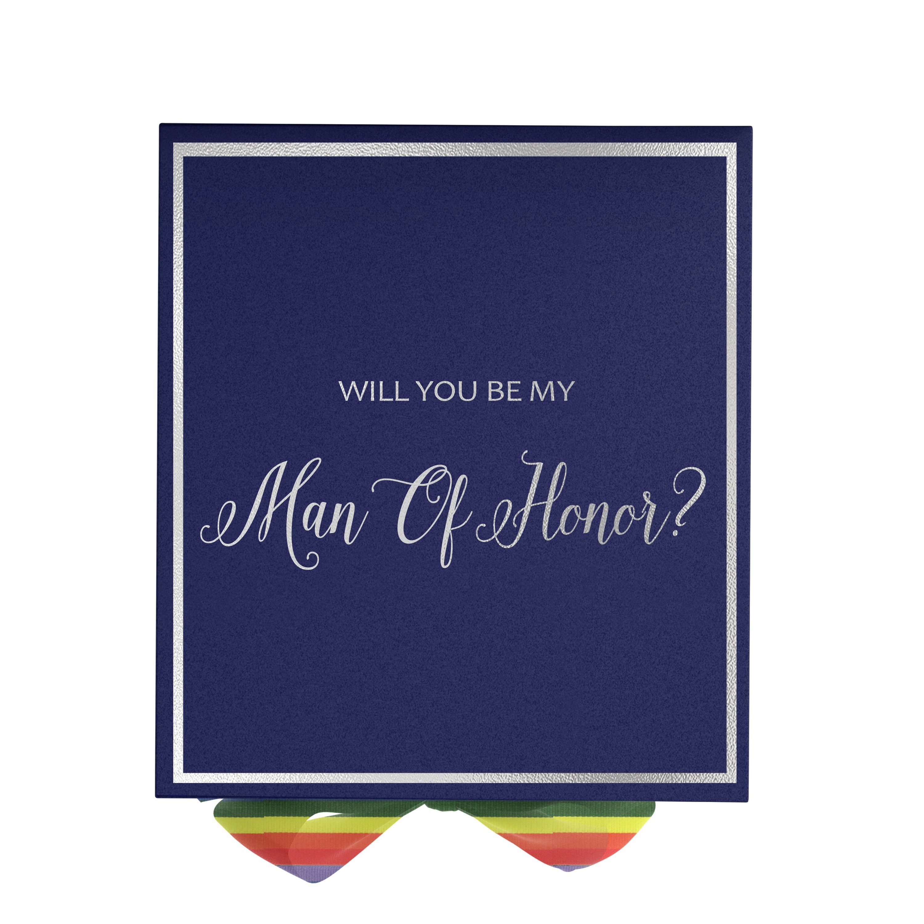 Navy proposal box with rainbow bow and metallic writing, showcasing elegant design and quality construction.