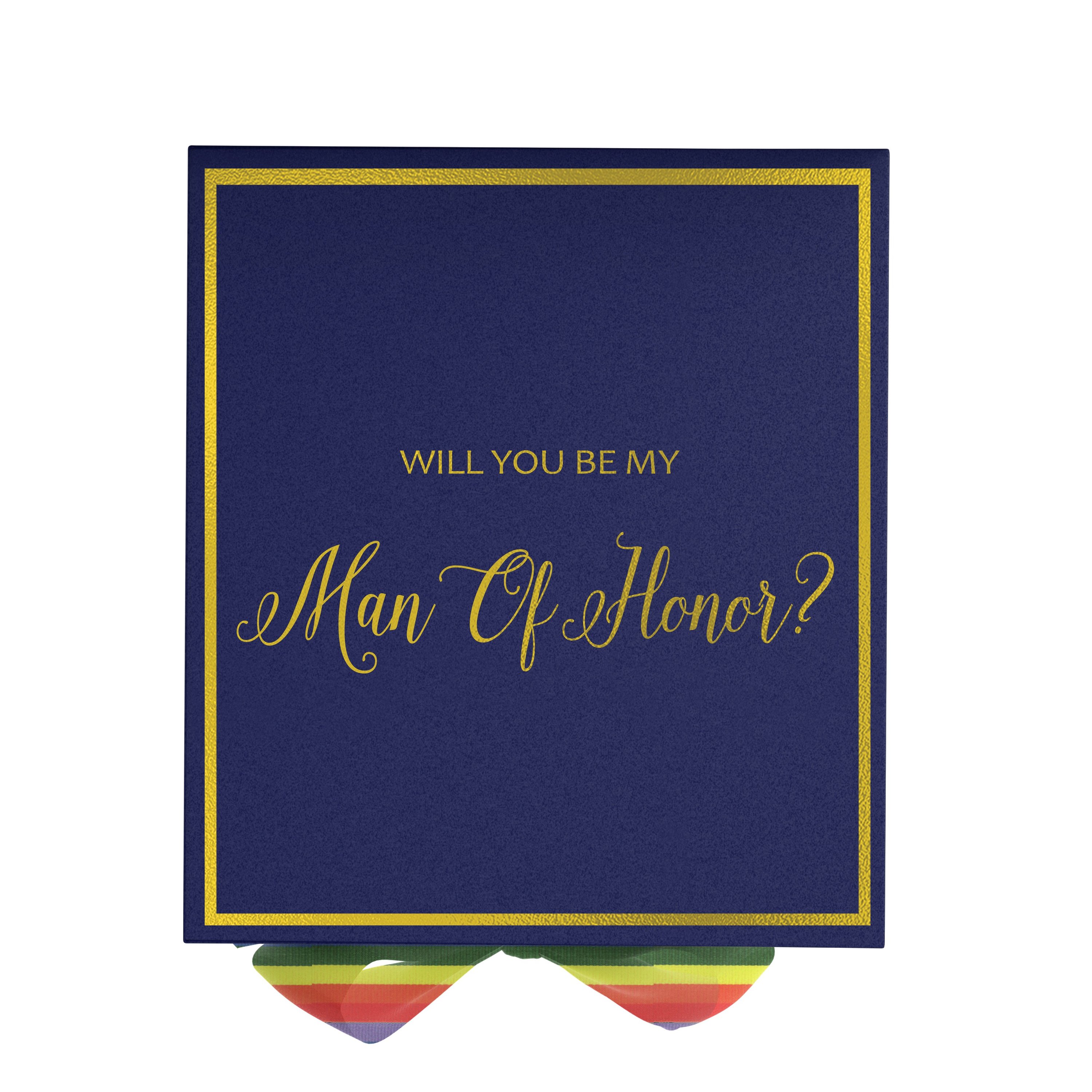 Navy proposal box with rainbow bow and metallic writing, showcasing elegant design and quality construction.