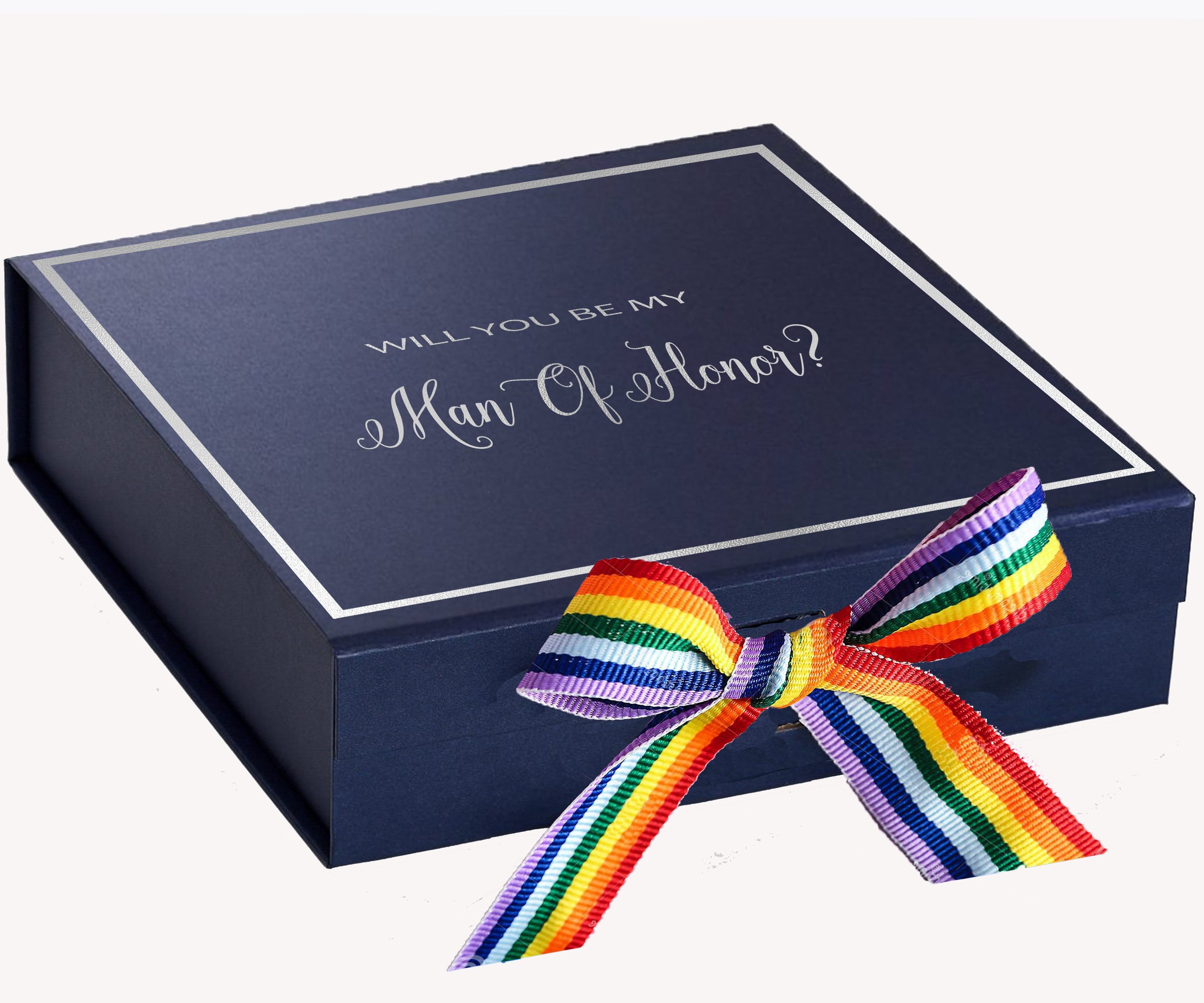 Navy proposal box with rainbow bow and metallic writing, showcasing elegant design and quality construction.