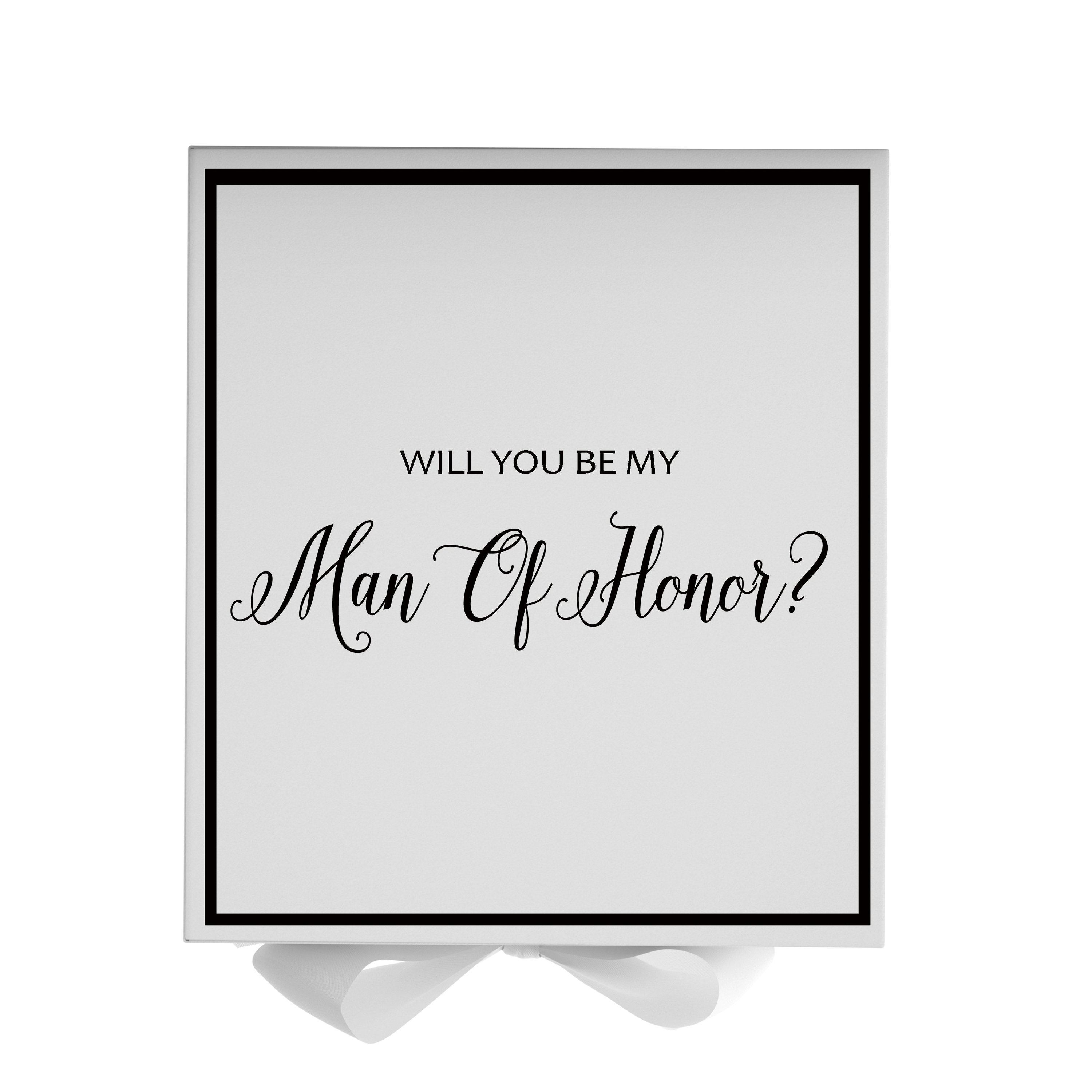 Elegant white proposal box with metallic writing and a bow, perfect for asking your Man of Honor.