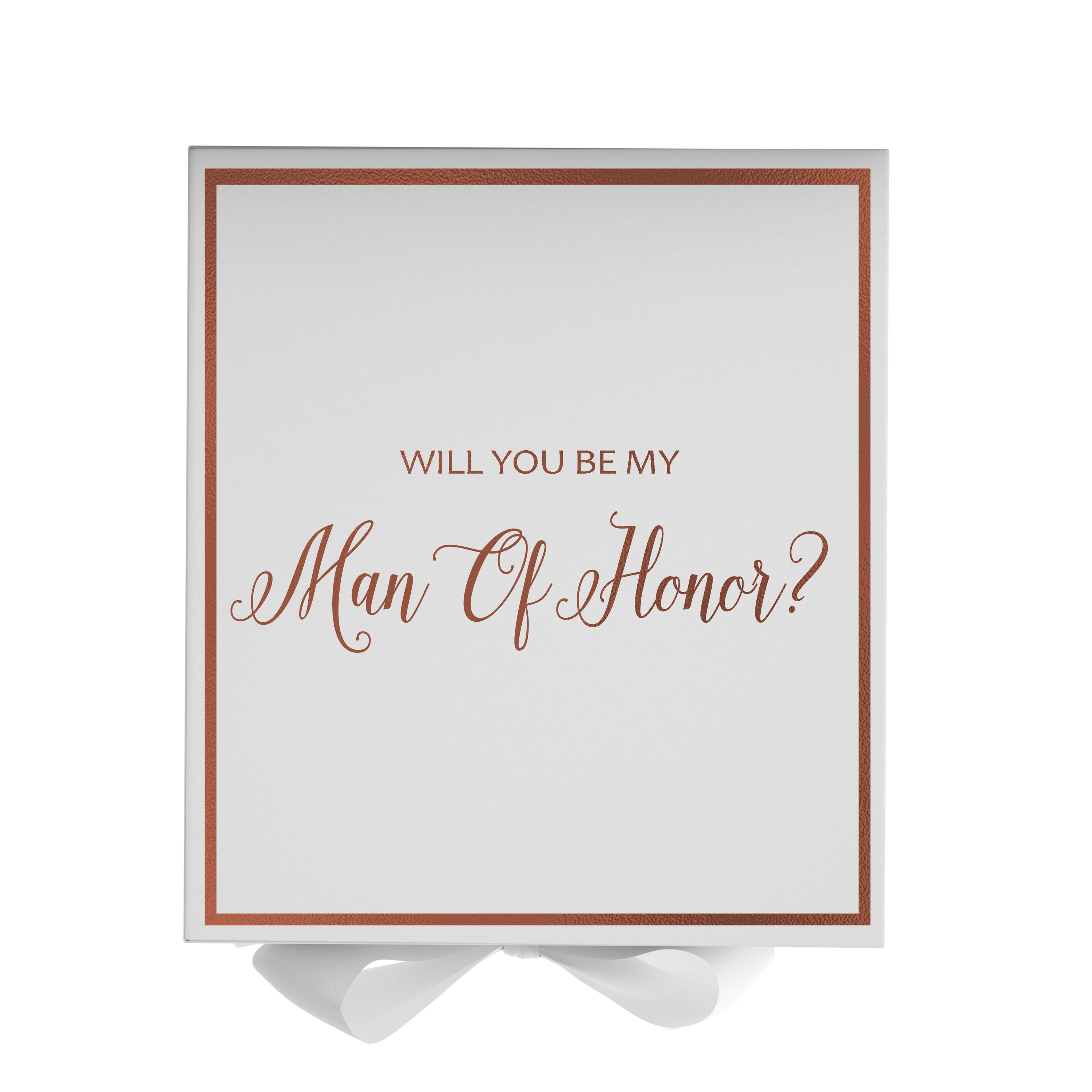 Elegant white proposal box with metallic writing and a bow, perfect for asking your Man of Honor.