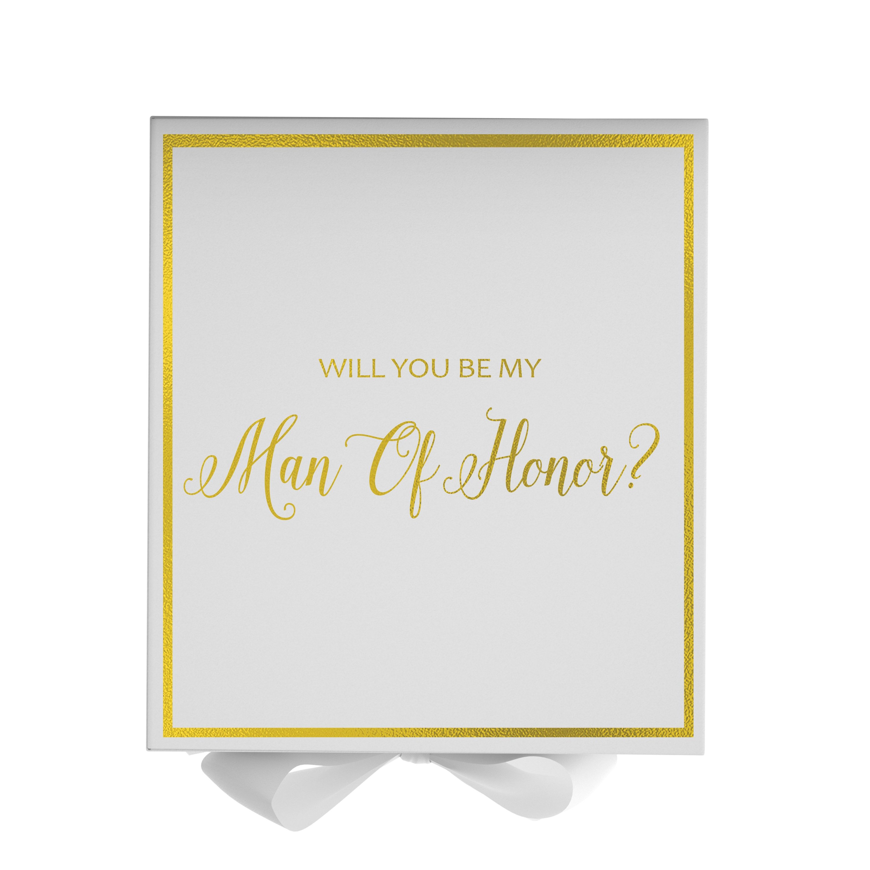 Elegant white proposal box with metallic writing and a bow, perfect for asking your Man of Honor.