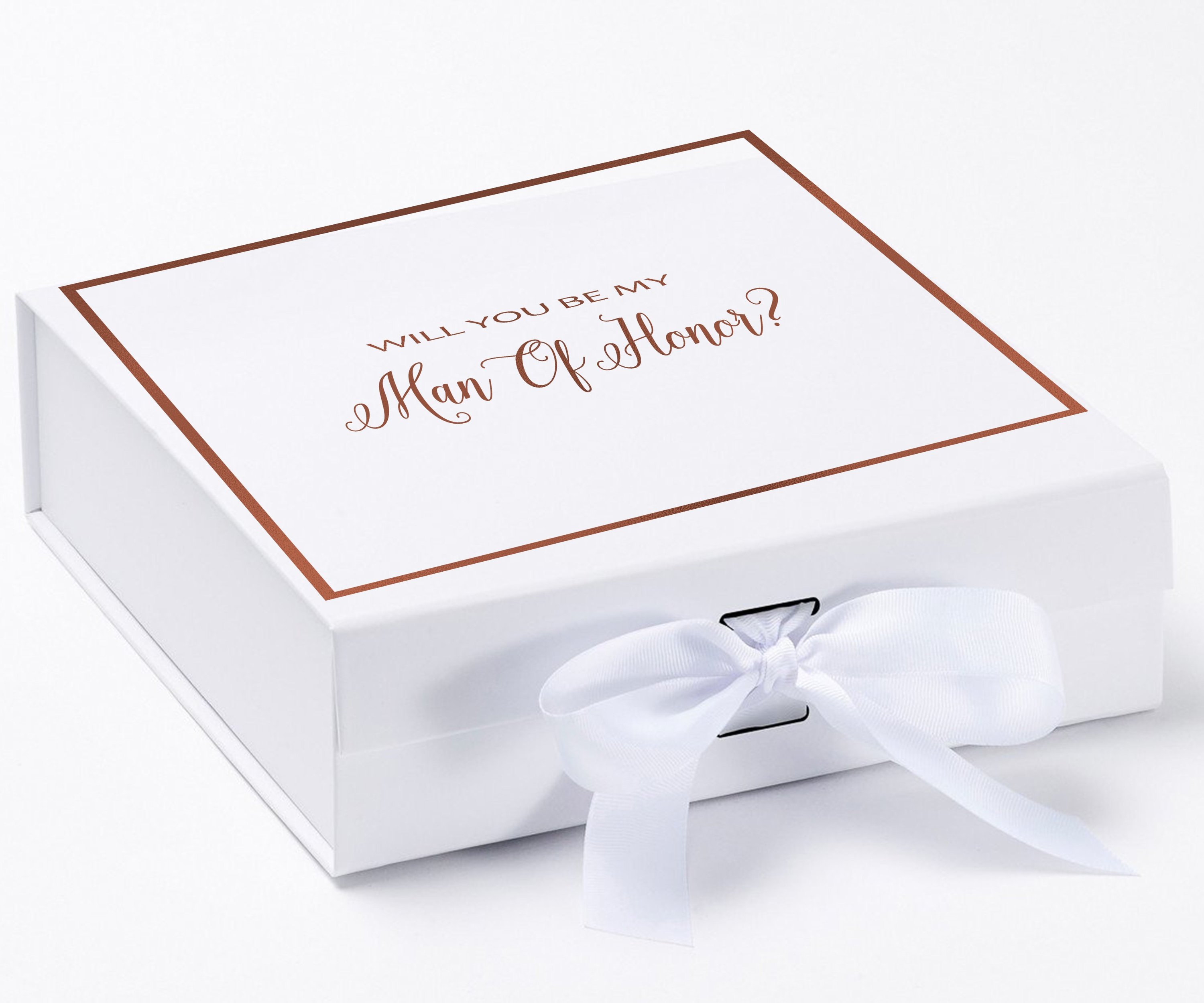 Elegant white proposal box with metallic writing and a bow, perfect for asking your Man of Honor.