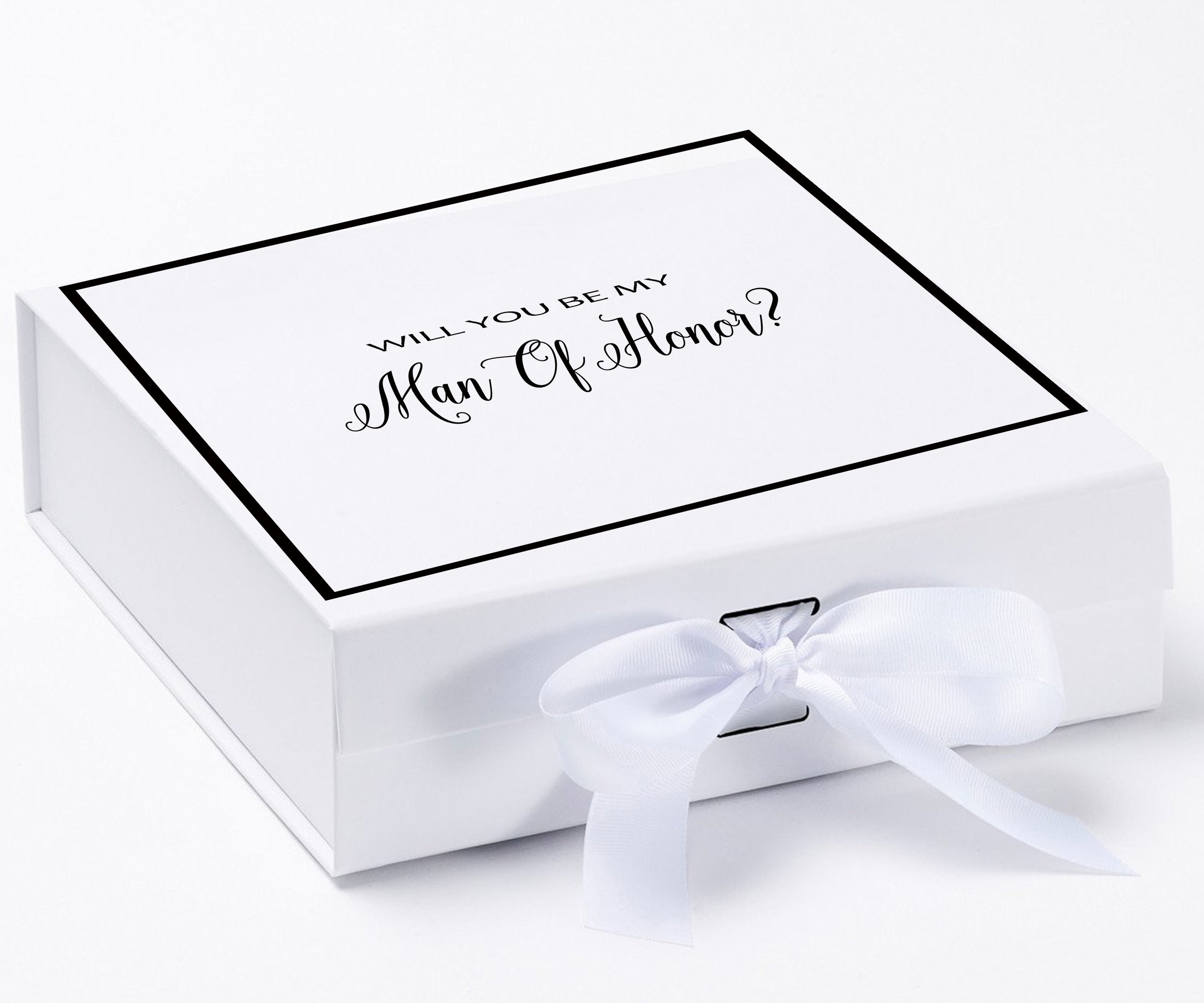 Elegant white proposal box with metallic writing and a bow, perfect for asking your Man of Honor.