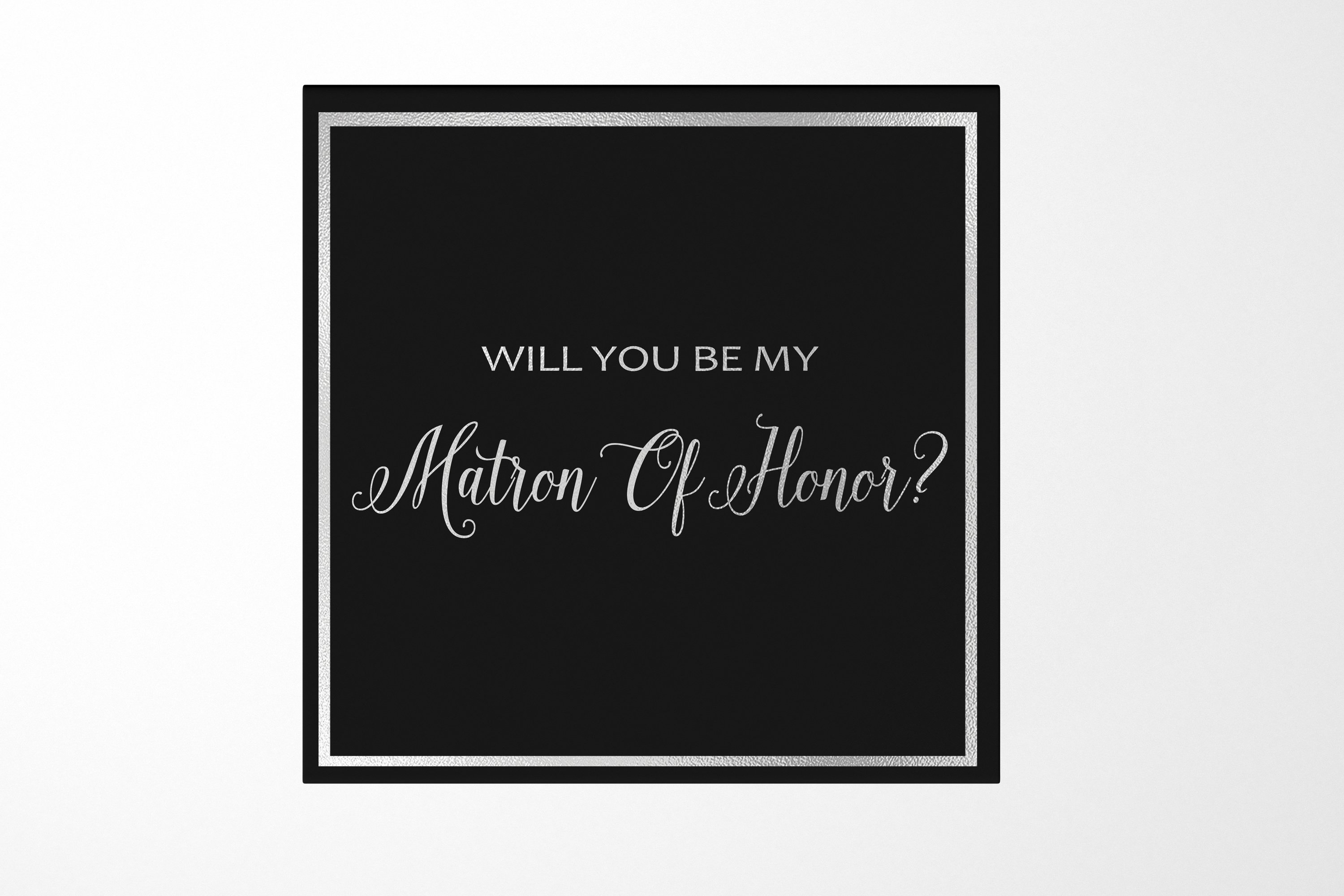 Elegant black proposal box with metallic writing for Matron of Honor request, featuring a sleek design and magnetic closure.