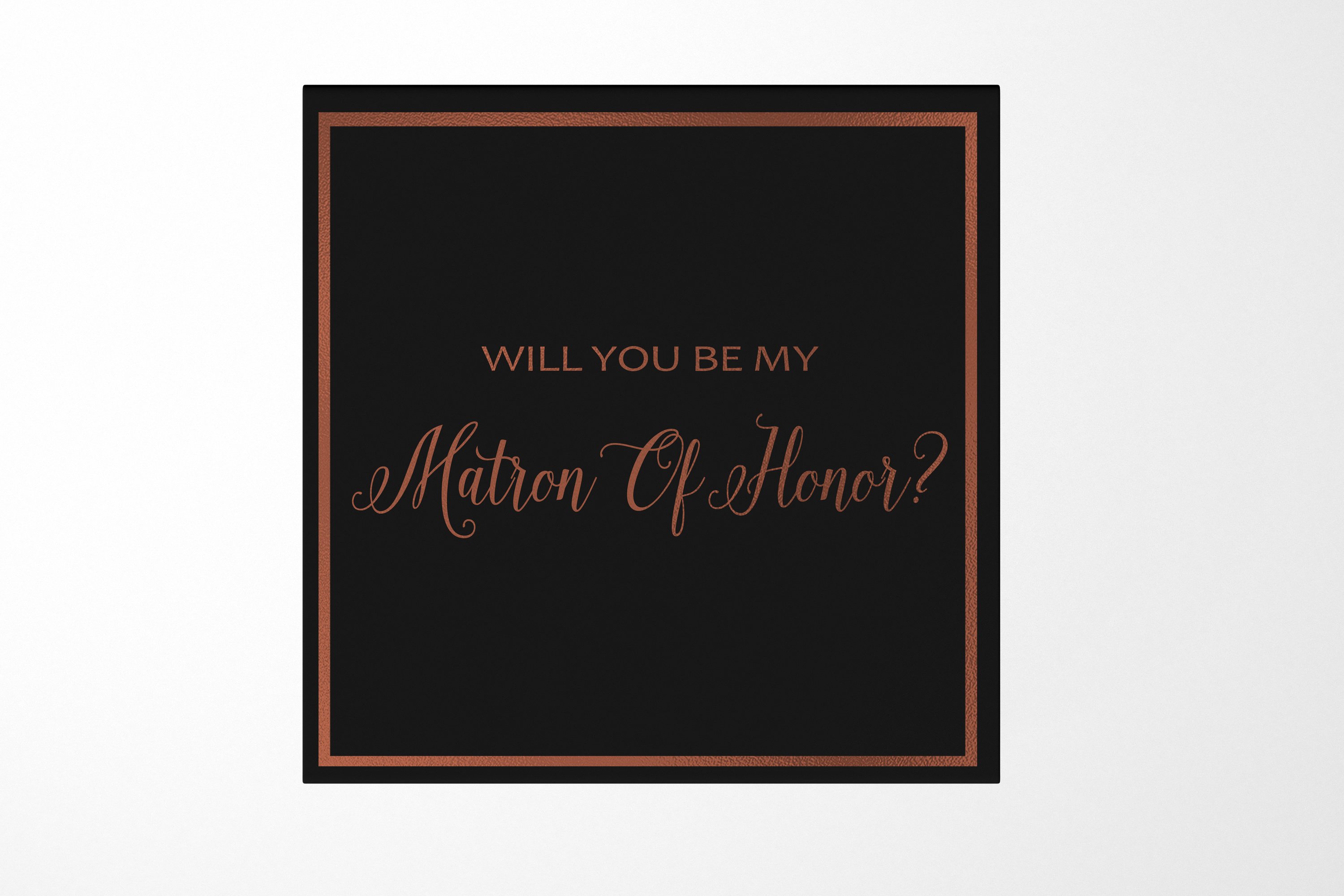 Elegant black proposal box with metallic writing for Matron of Honor request, featuring a sleek design and magnetic closure.